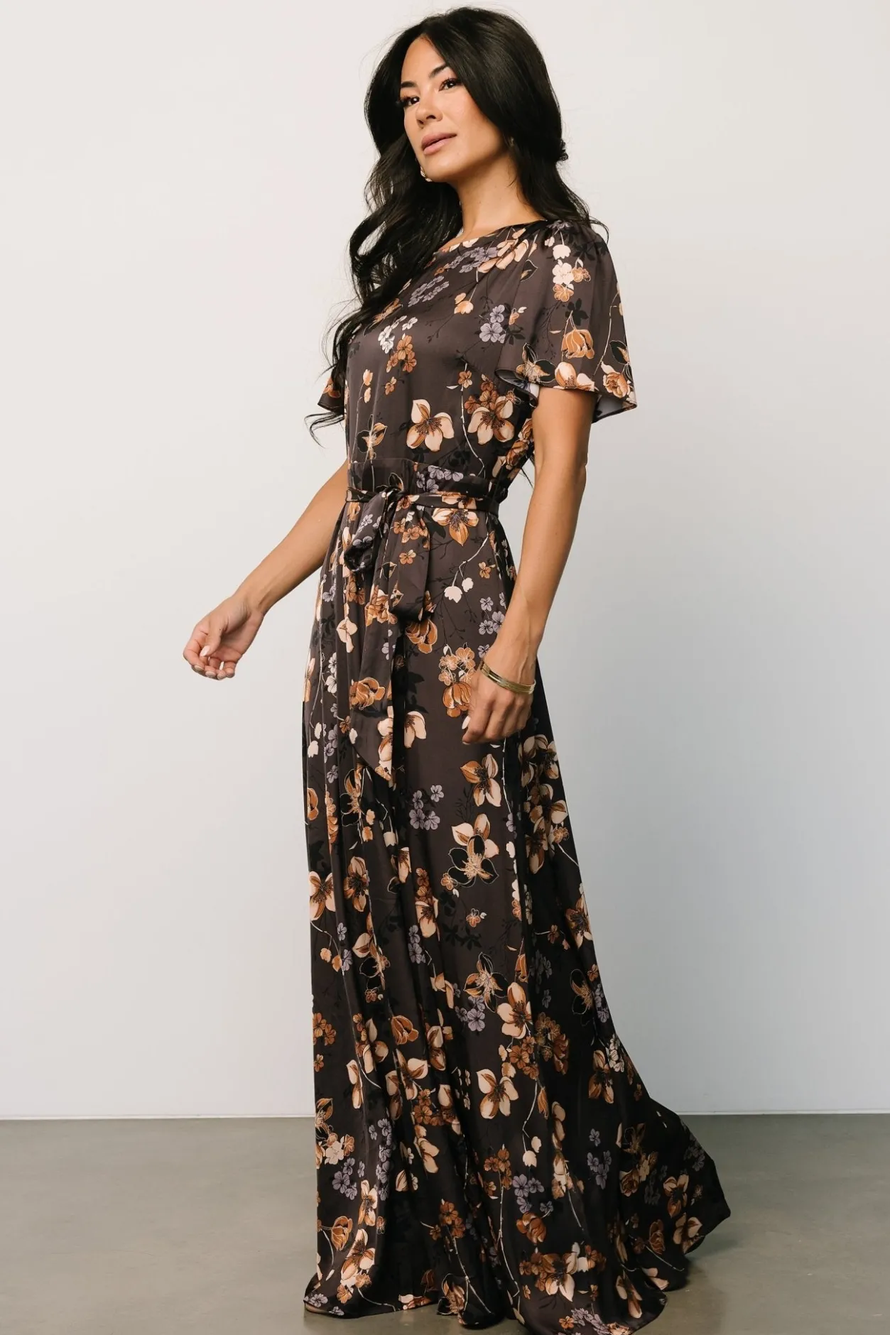 New Baltic Born Agnes Satin Maxi Dress | Brown Floral BrownFloral