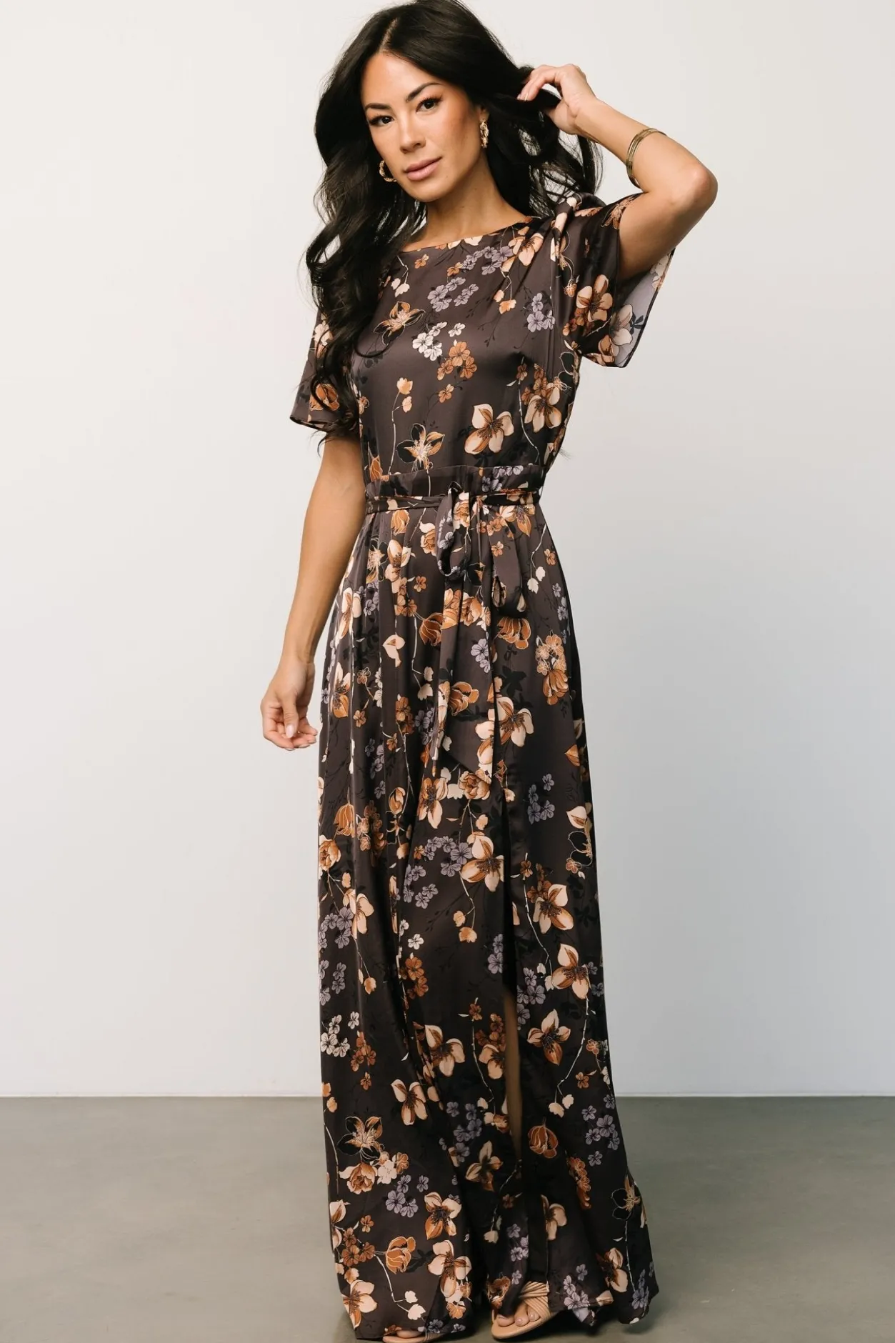 New Baltic Born Agnes Satin Maxi Dress | Brown Floral BrownFloral