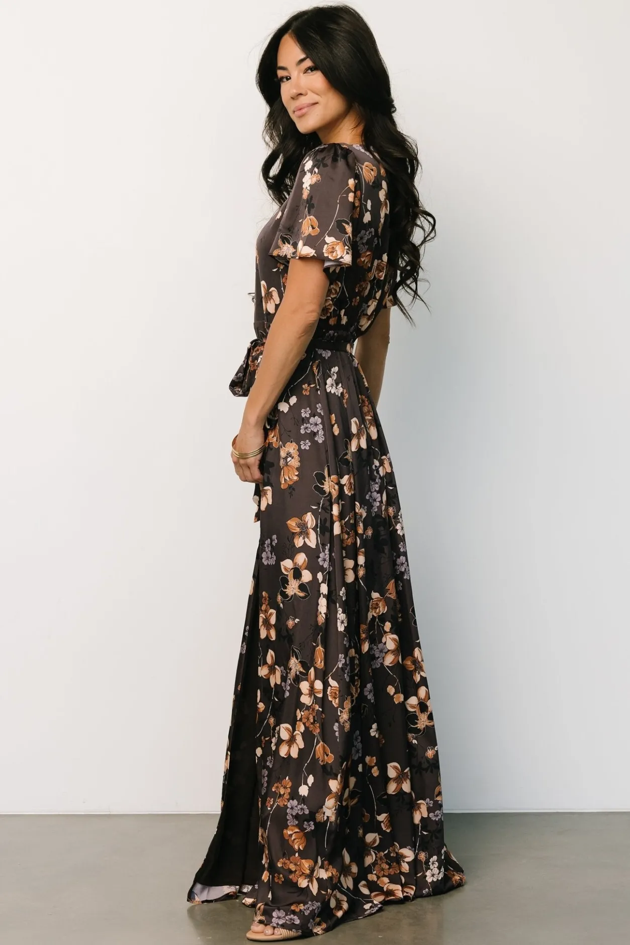 New Baltic Born Agnes Satin Maxi Dress | Brown Floral BrownFloral
