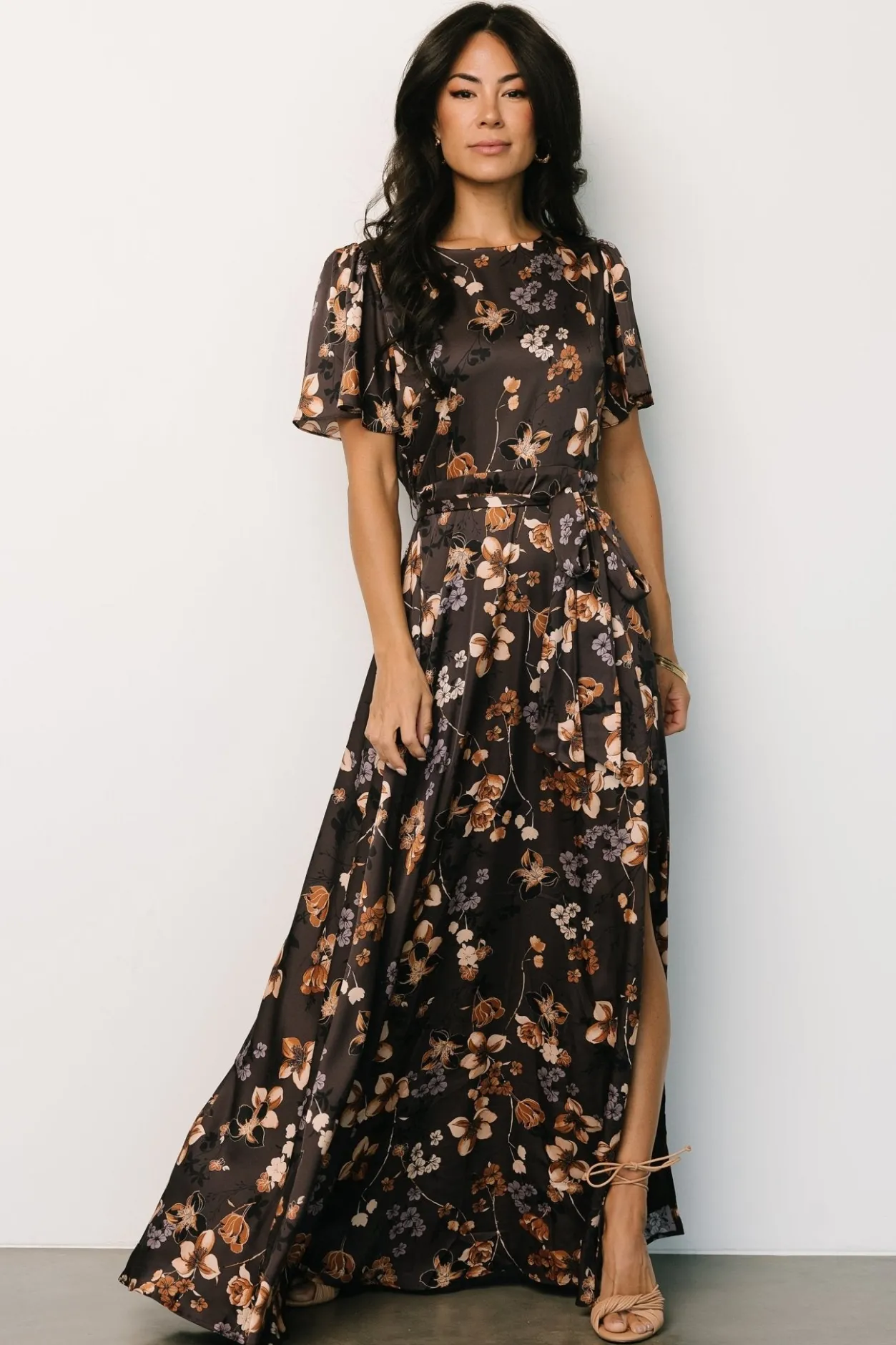 New Baltic Born Agnes Satin Maxi Dress | Brown Floral BrownFloral