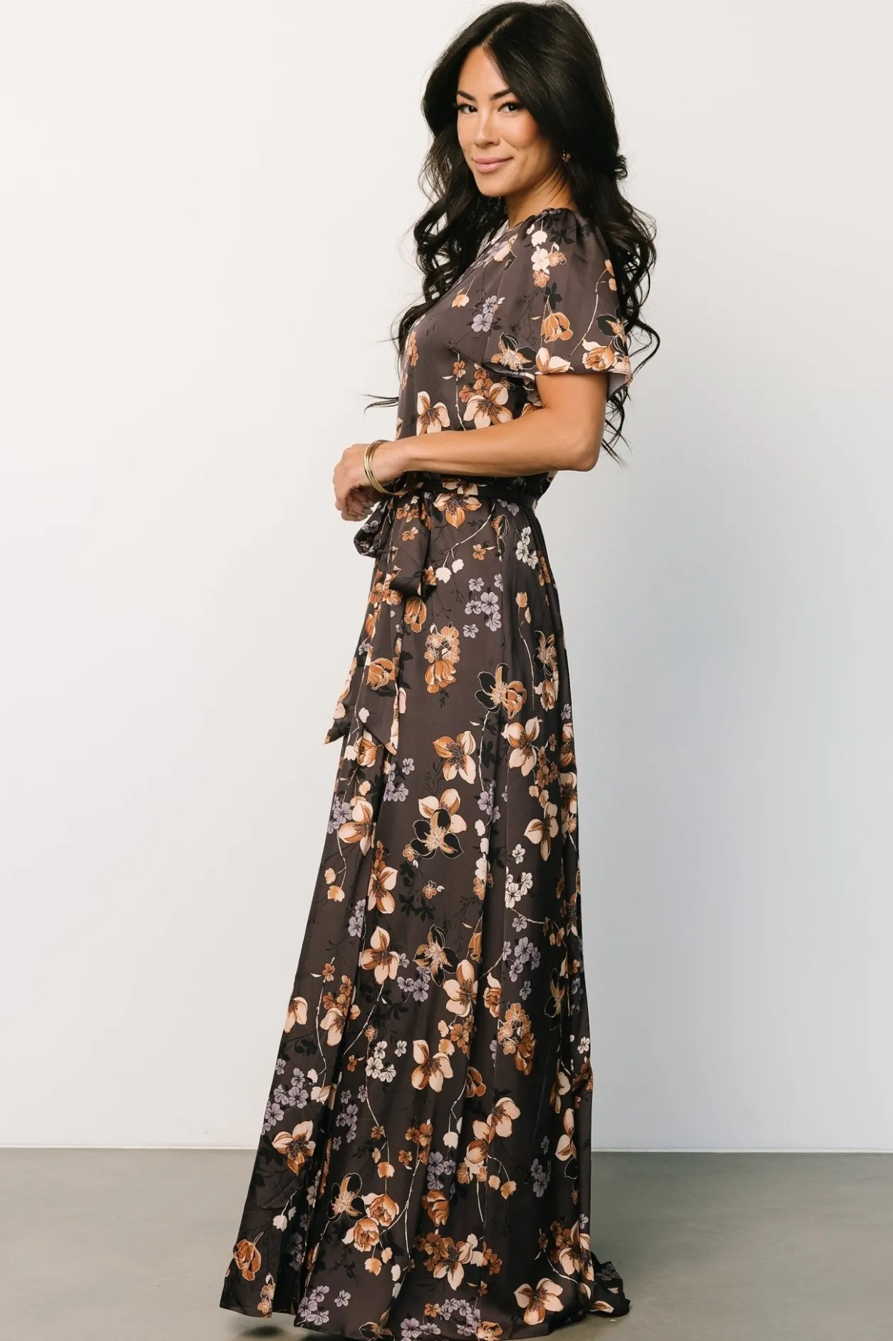 New Baltic Born Agnes Satin Maxi Dress | Brown Floral BrownFloral