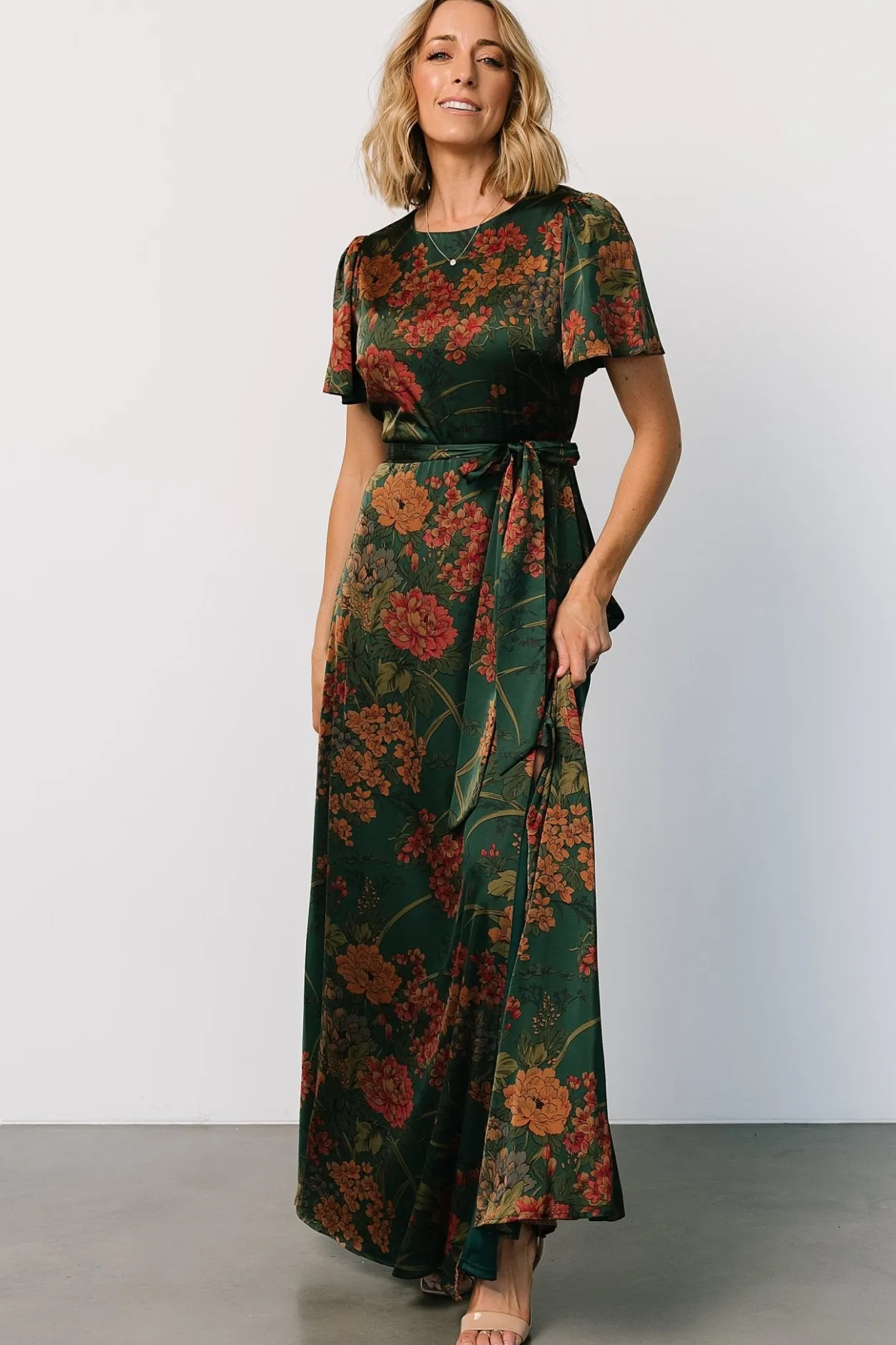 New Baltic Born Agnes Satin Maxi Dress | Dark Green Floral DarkGreenFloral
