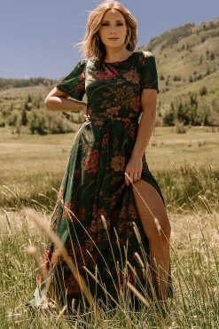 New Baltic Born Agnes Satin Maxi Dress | Dark Green Floral DarkGreenFloral