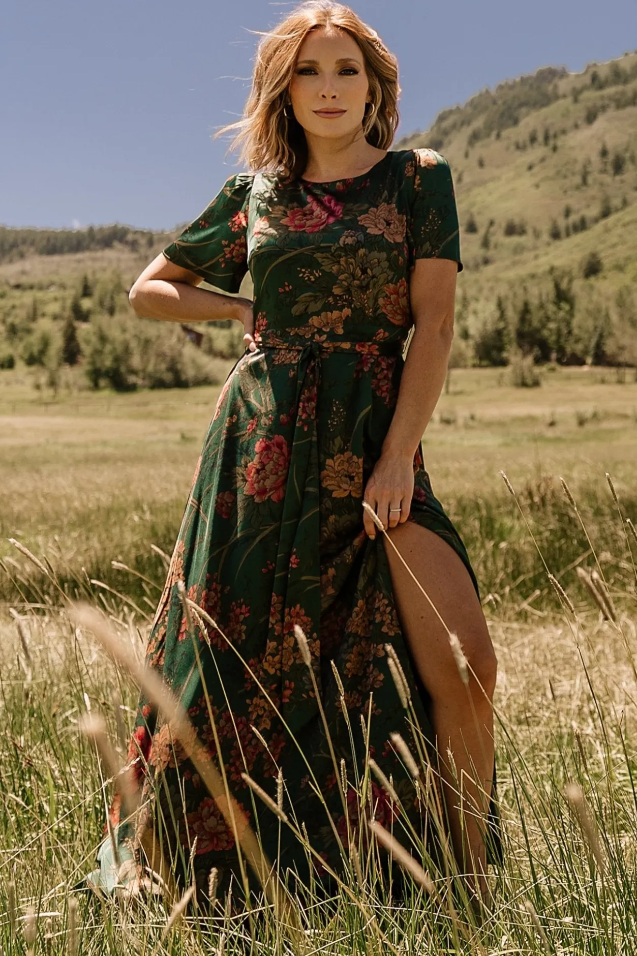 New Baltic Born Agnes Satin Maxi Dress | Dark Green Floral DarkGreenFloral