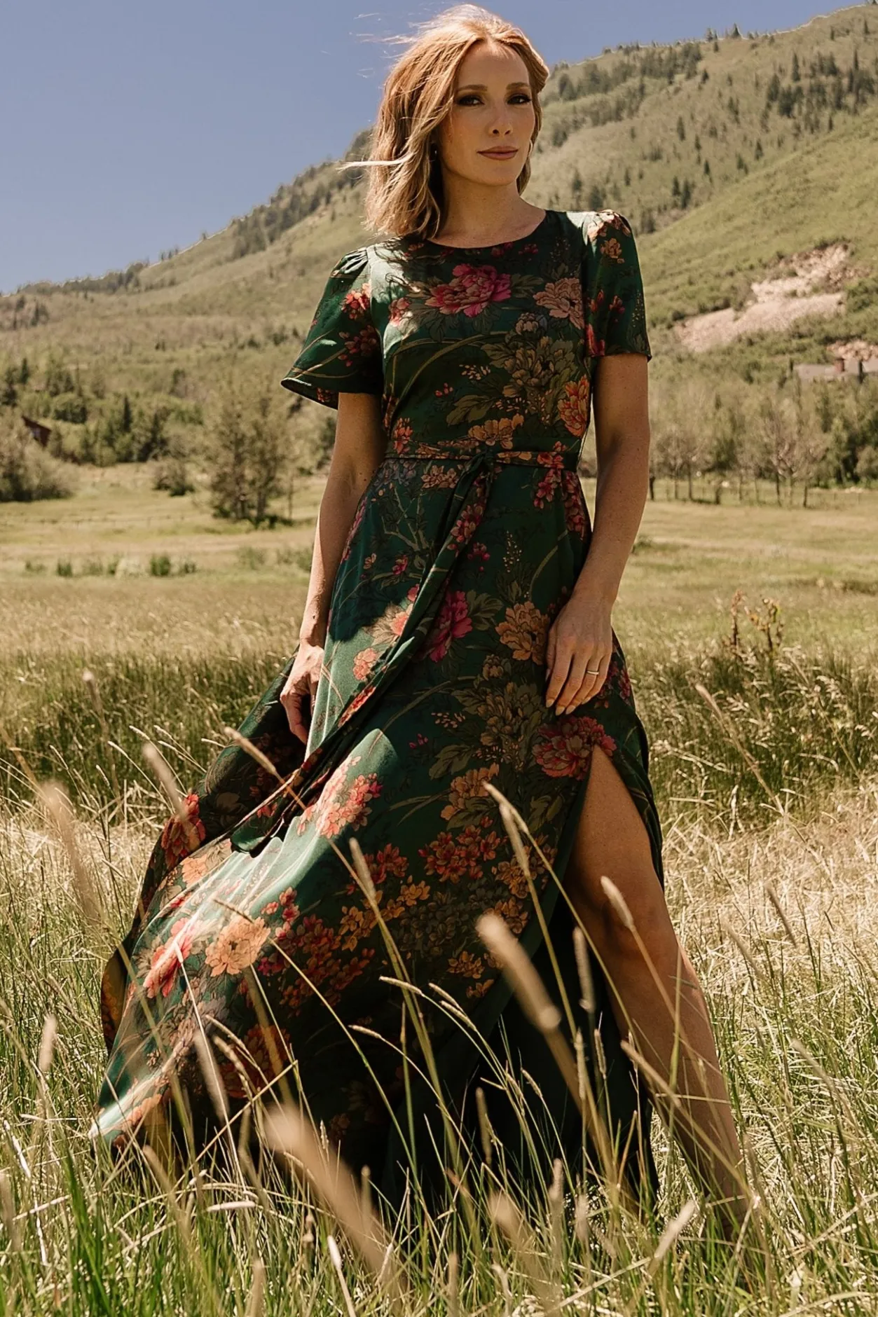 New Baltic Born Agnes Satin Maxi Dress | Dark Green Floral DarkGreenFloral