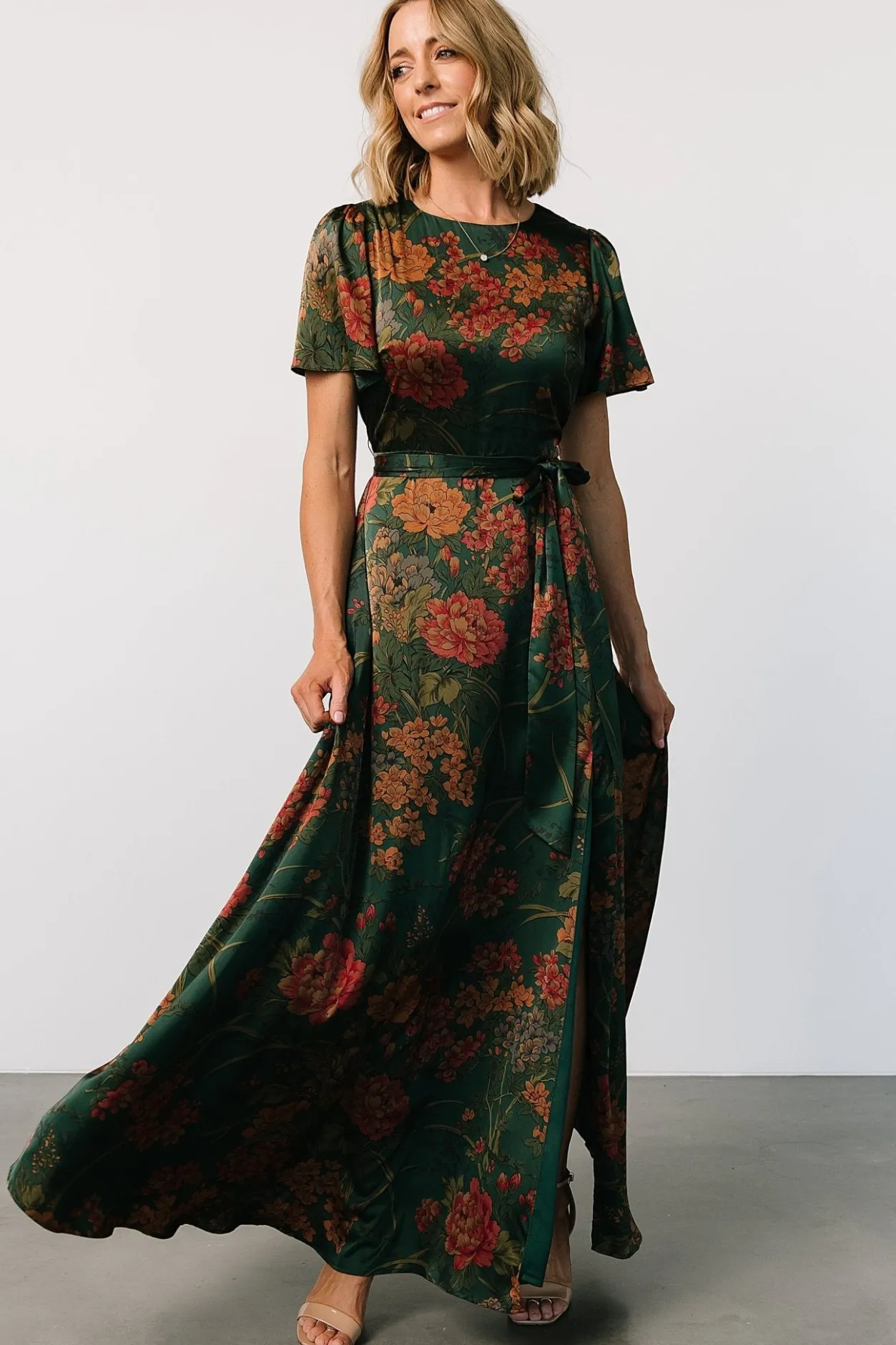 New Baltic Born Agnes Satin Maxi Dress | Dark Green Floral DarkGreenFloral