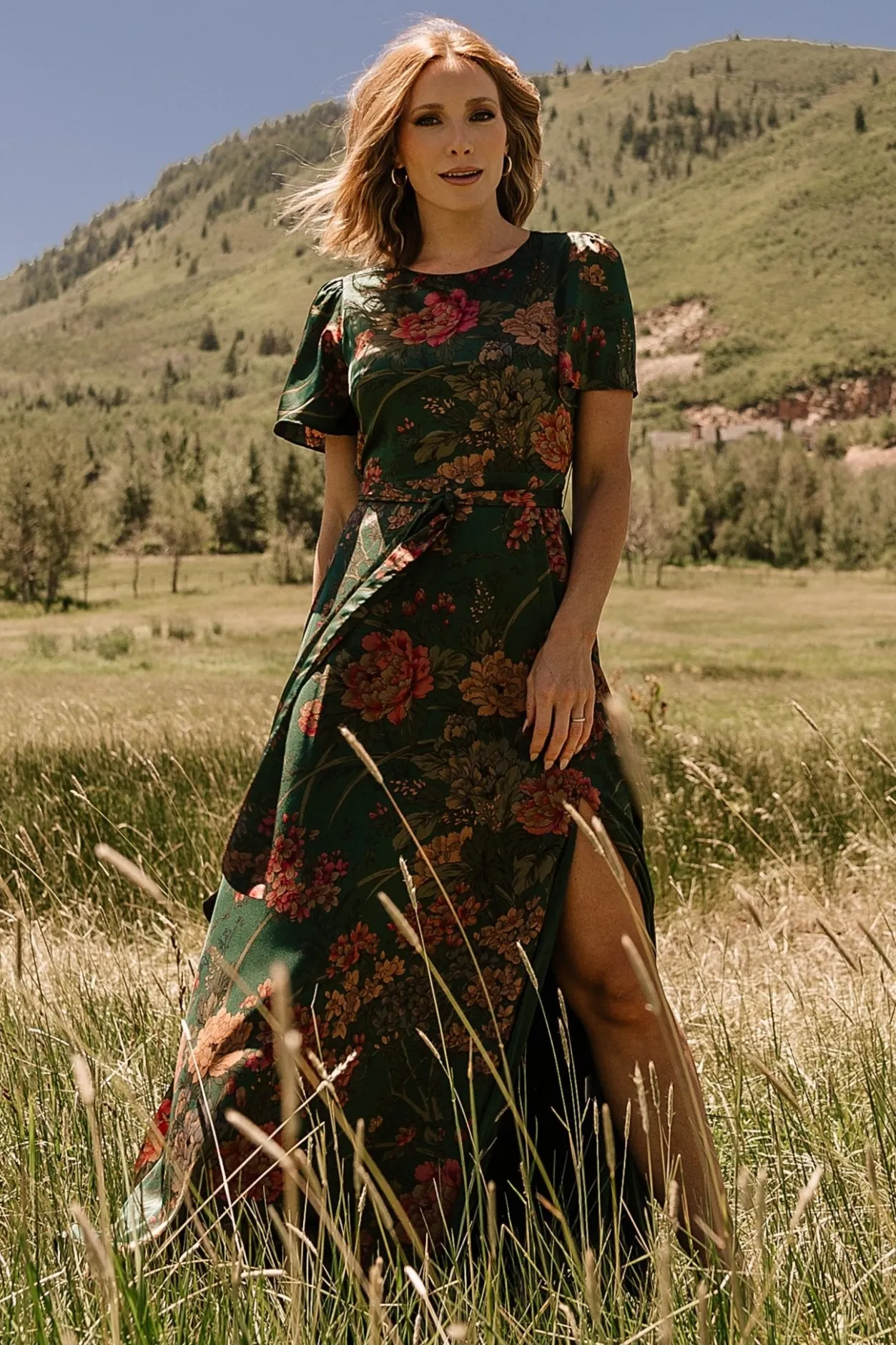 New Baltic Born Agnes Satin Maxi Dress | Dark Green Floral DarkGreenFloral