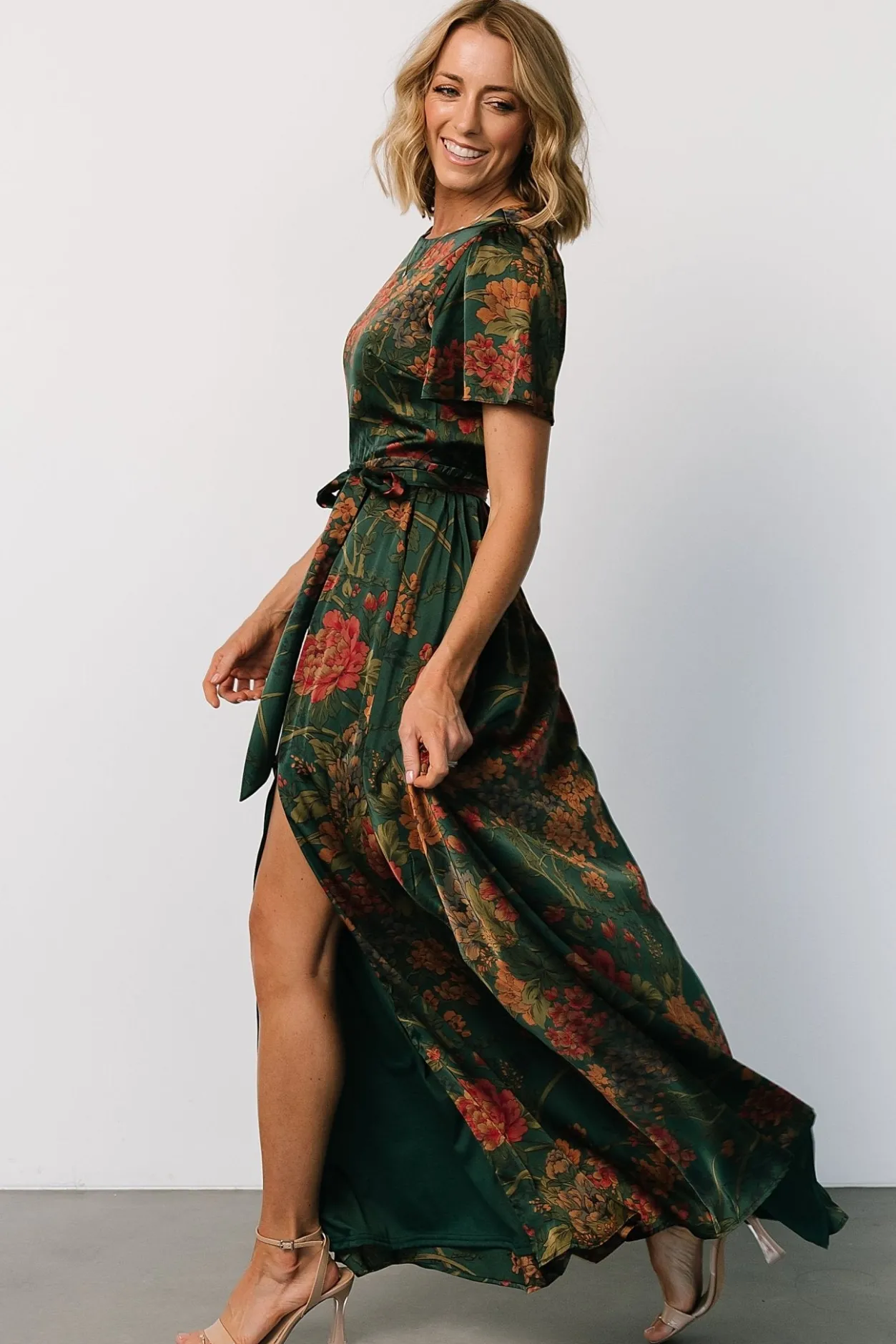 New Baltic Born Agnes Satin Maxi Dress | Dark Green Floral DarkGreenFloral