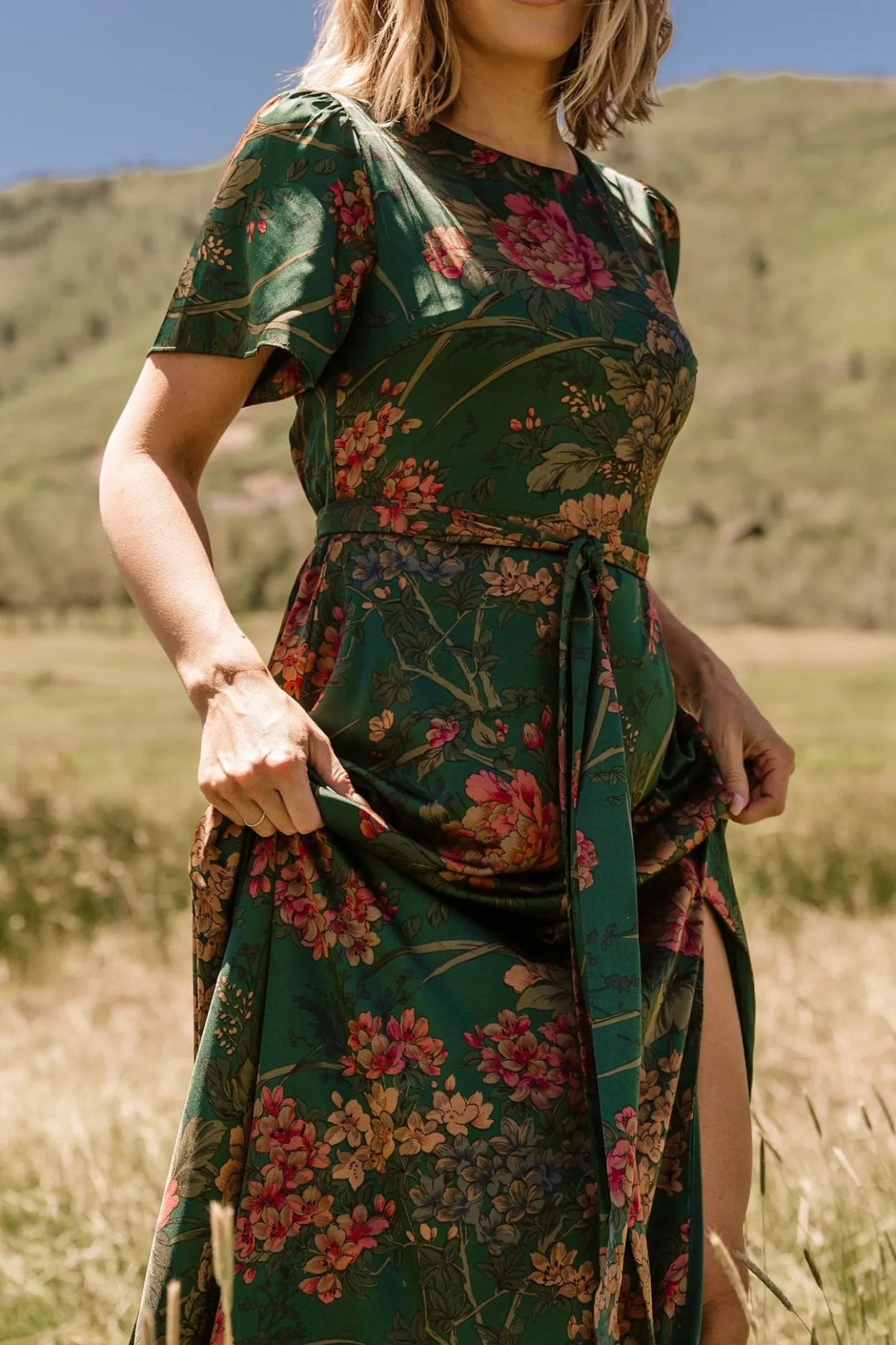 New Baltic Born Agnes Satin Maxi Dress | Dark Green Floral DarkGreenFloral