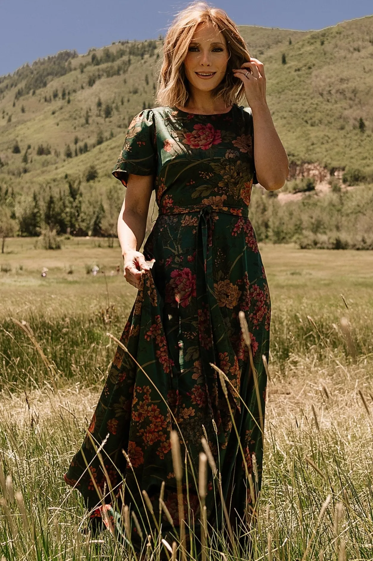 New Baltic Born Agnes Satin Maxi Dress | Dark Green Floral DarkGreenFloral