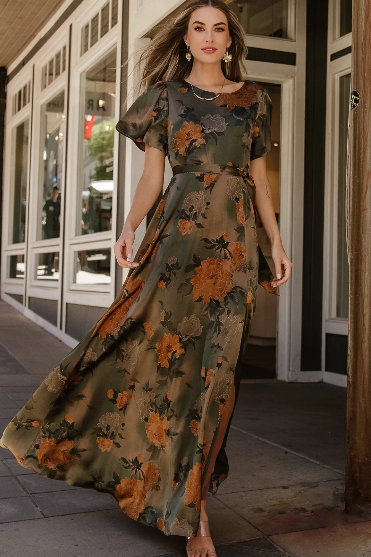 Best Baltic Born Agnes Satin Maxi Dress | Olive Floral OliveFloral
