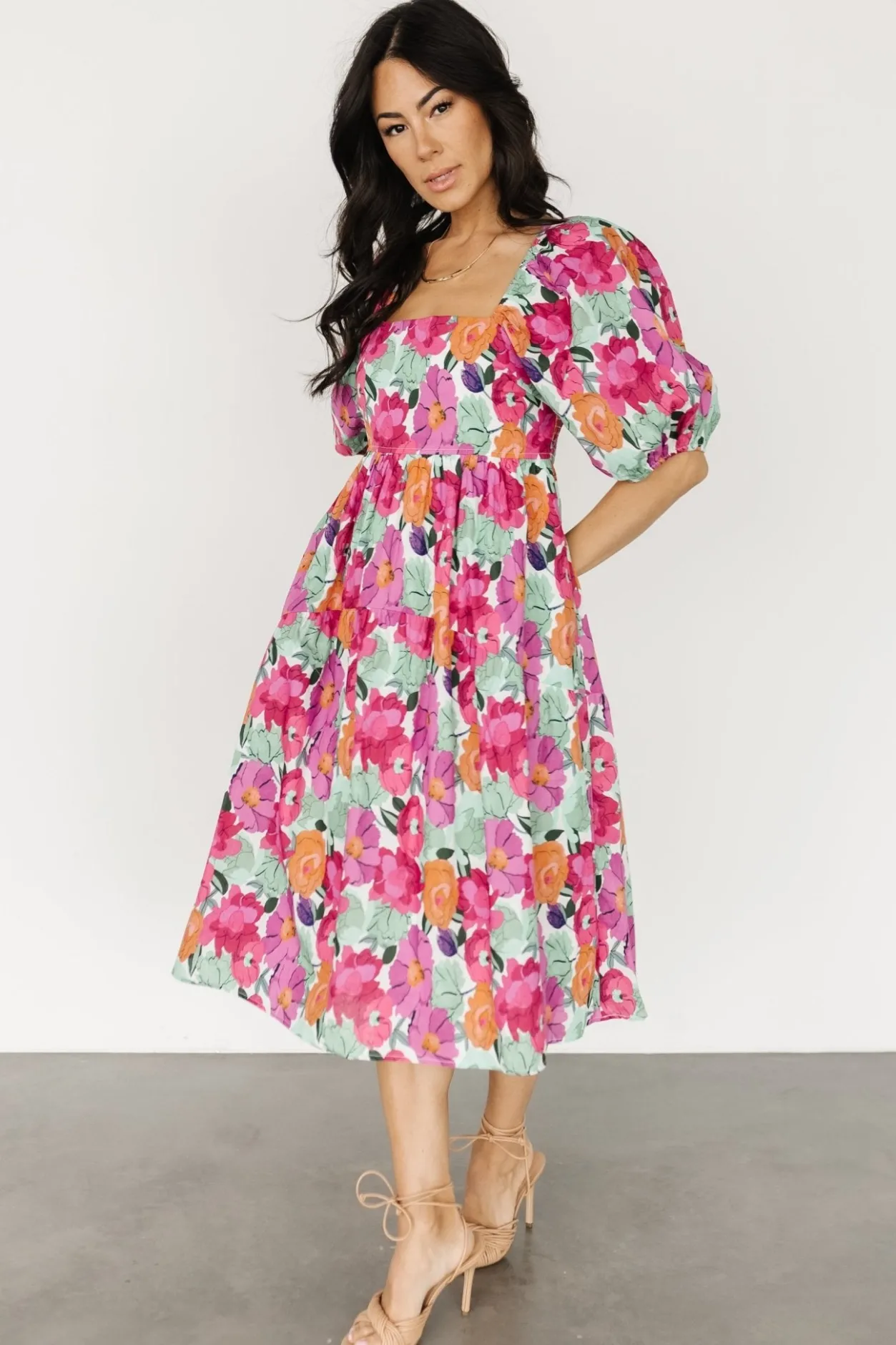 Hot Baltic Born Aimee Puff Sleeve Midi Dress | Pink Multi PinkMulti