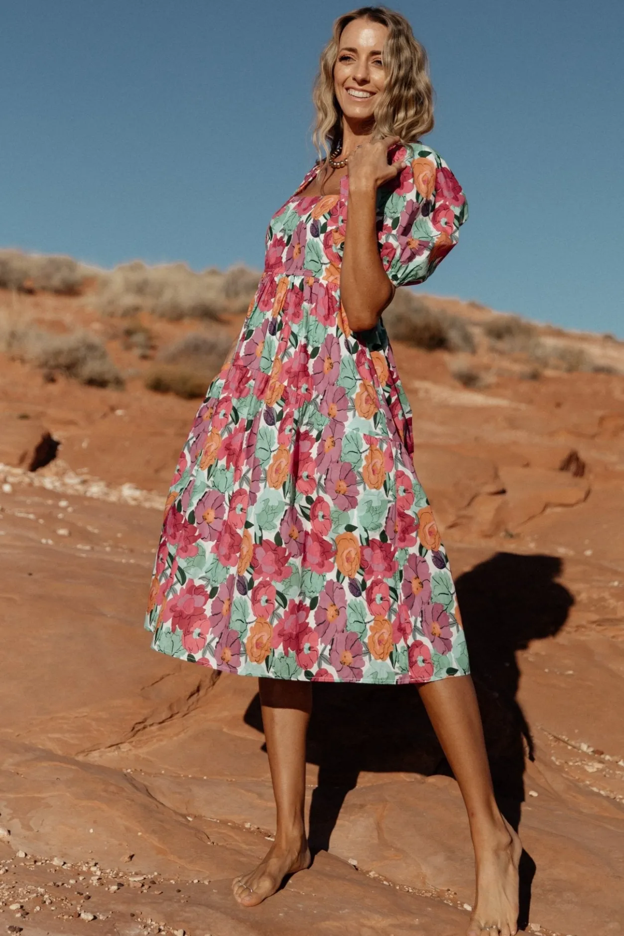 Hot Baltic Born Aimee Puff Sleeve Midi Dress | Pink Multi PinkMulti