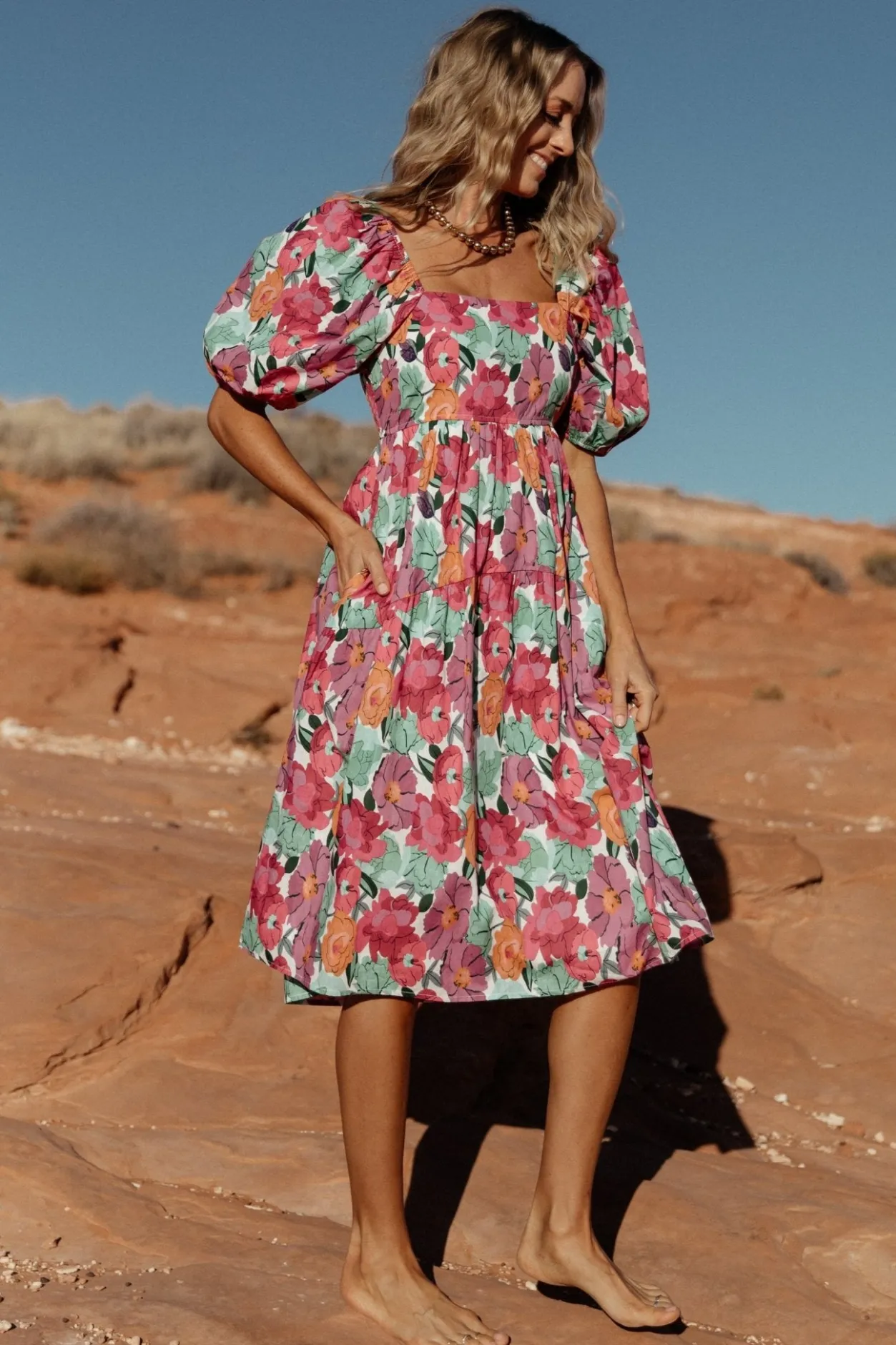 Hot Baltic Born Aimee Puff Sleeve Midi Dress | Pink Multi PinkMulti