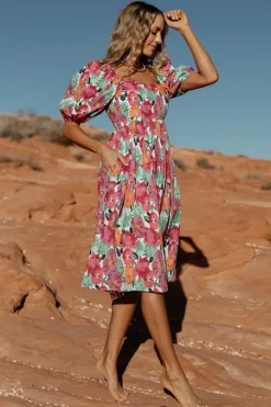 Hot Baltic Born Aimee Puff Sleeve Midi Dress | Pink Multi PinkMulti