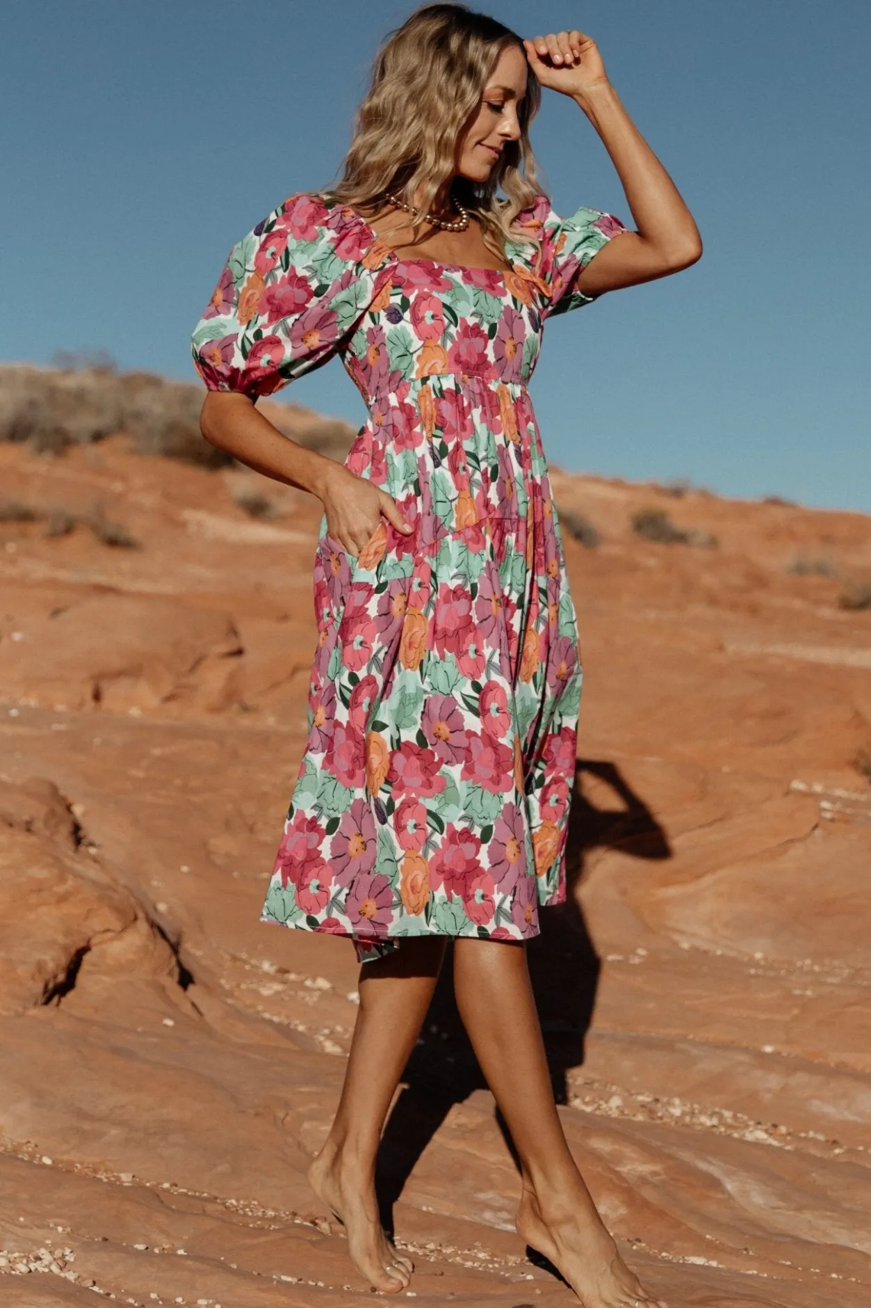 Hot Baltic Born Aimee Puff Sleeve Midi Dress | Pink Multi PinkMulti