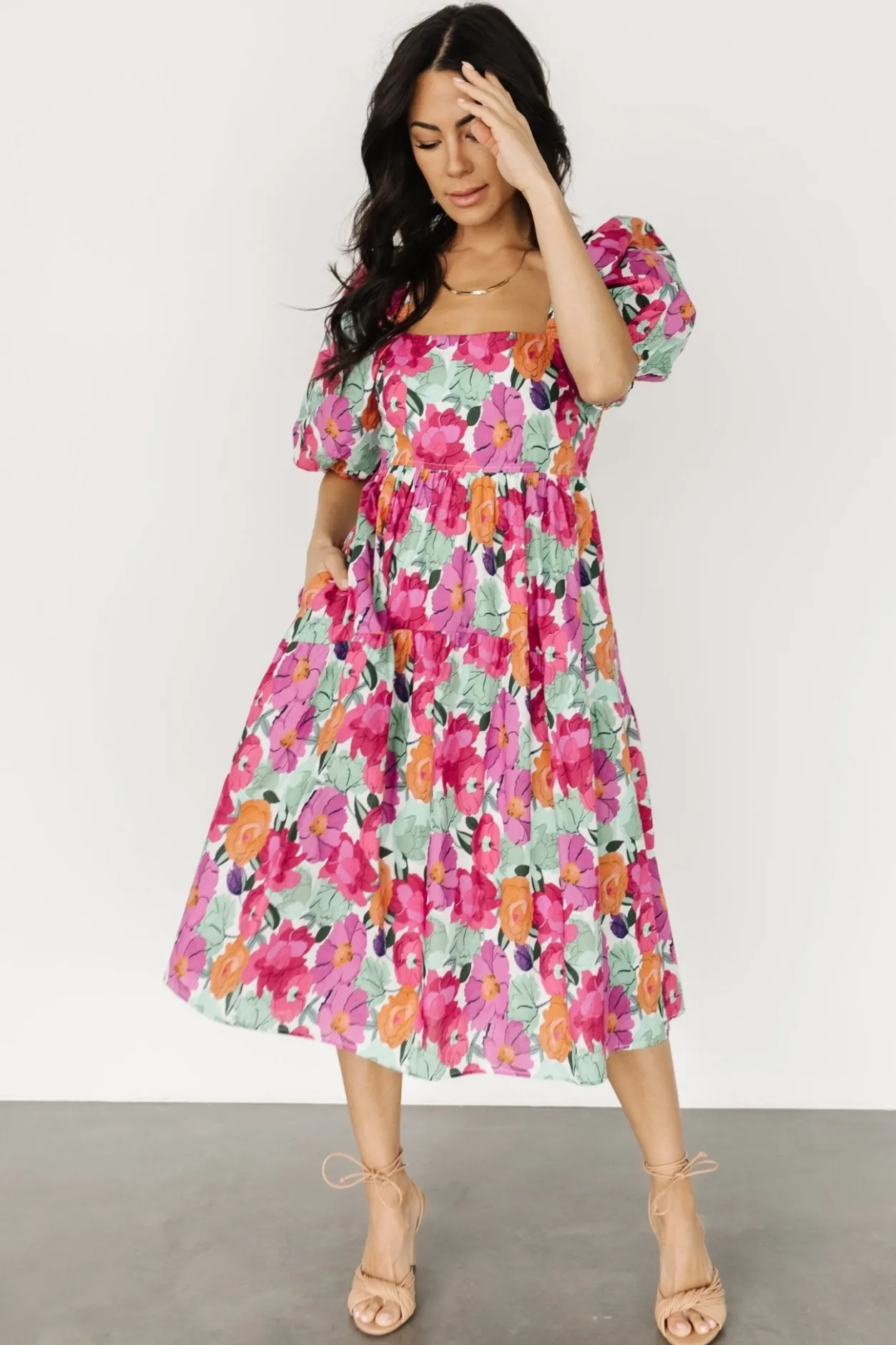 Hot Baltic Born Aimee Puff Sleeve Midi Dress | Pink Multi PinkMulti