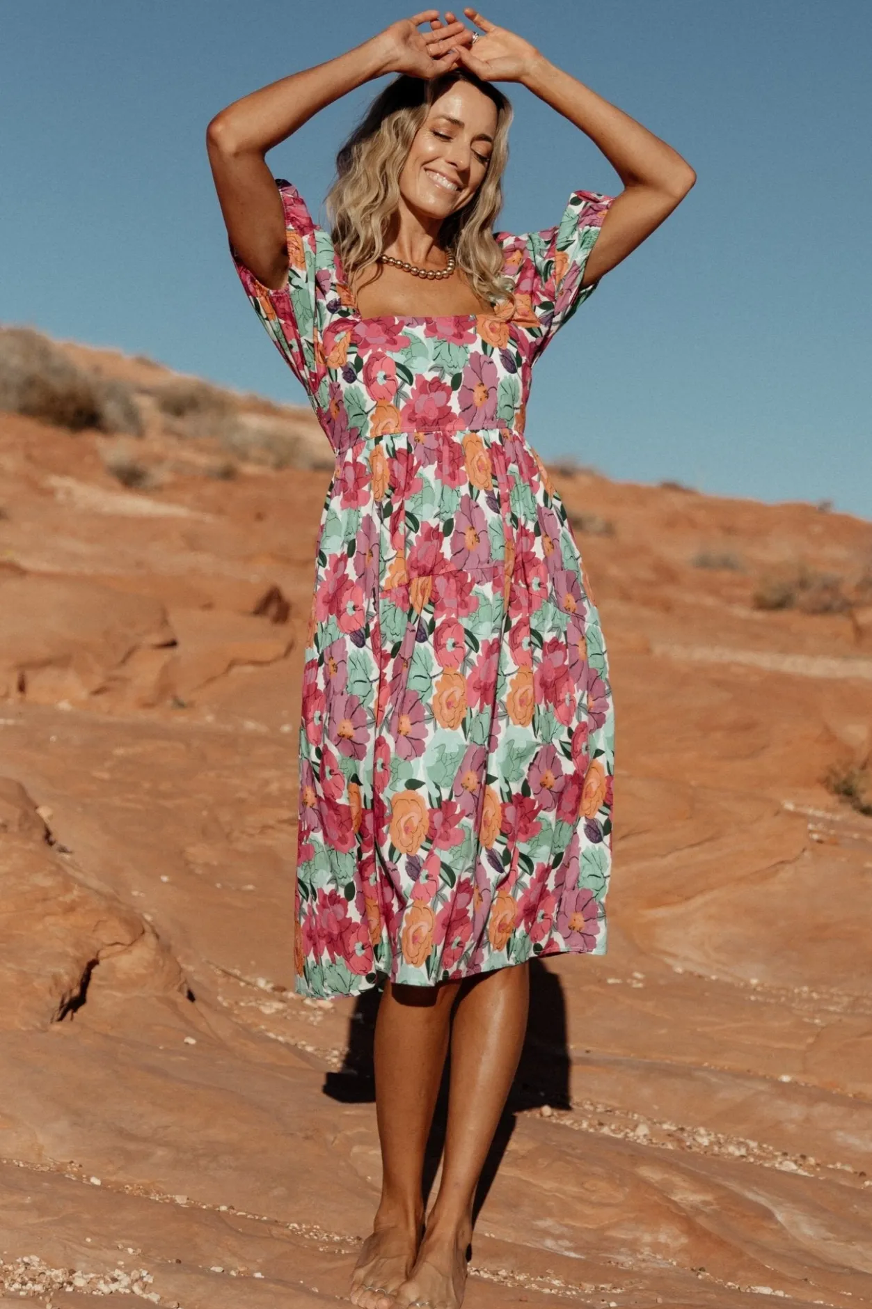 Hot Baltic Born Aimee Puff Sleeve Midi Dress | Pink Multi PinkMulti