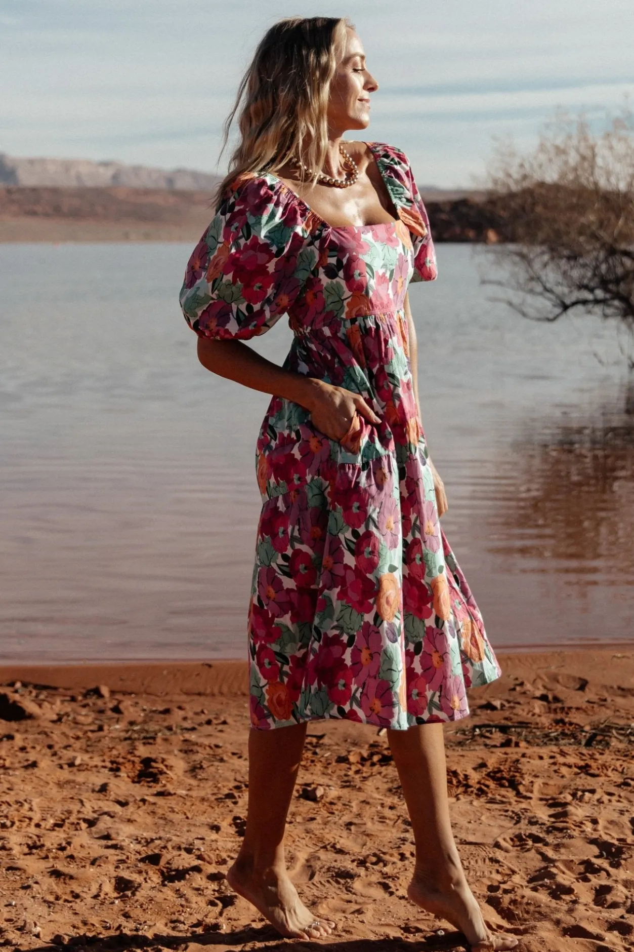 Hot Baltic Born Aimee Puff Sleeve Midi Dress | Pink Multi PinkMulti