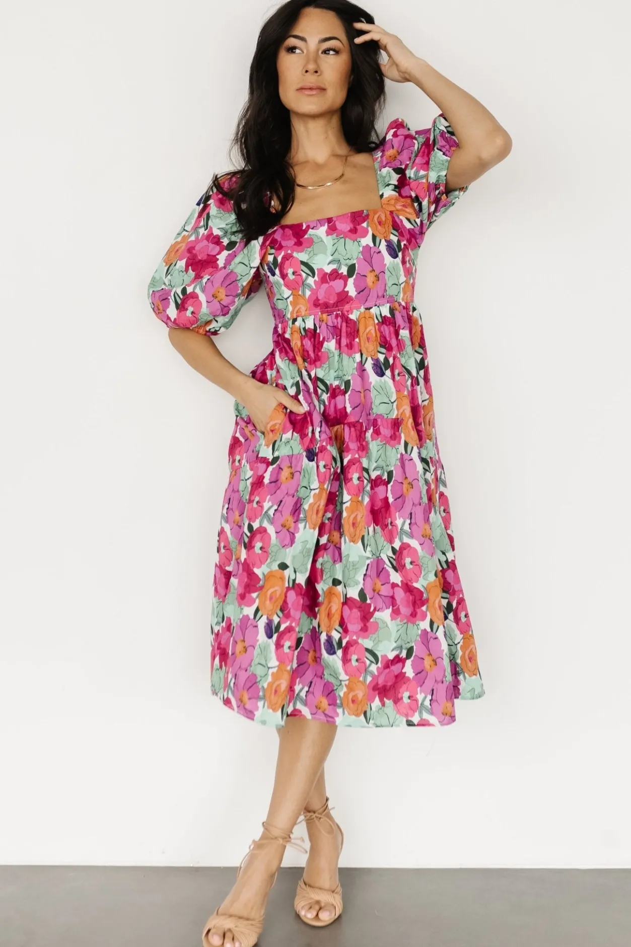 Hot Baltic Born Aimee Puff Sleeve Midi Dress | Pink Multi PinkMulti