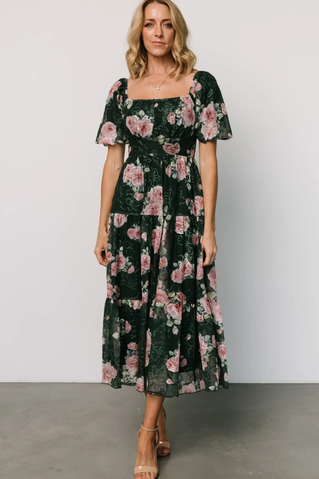 Clearance Baltic Born Annabeth Midi Dress | Dark Green + Pink DarkGreen+Pink