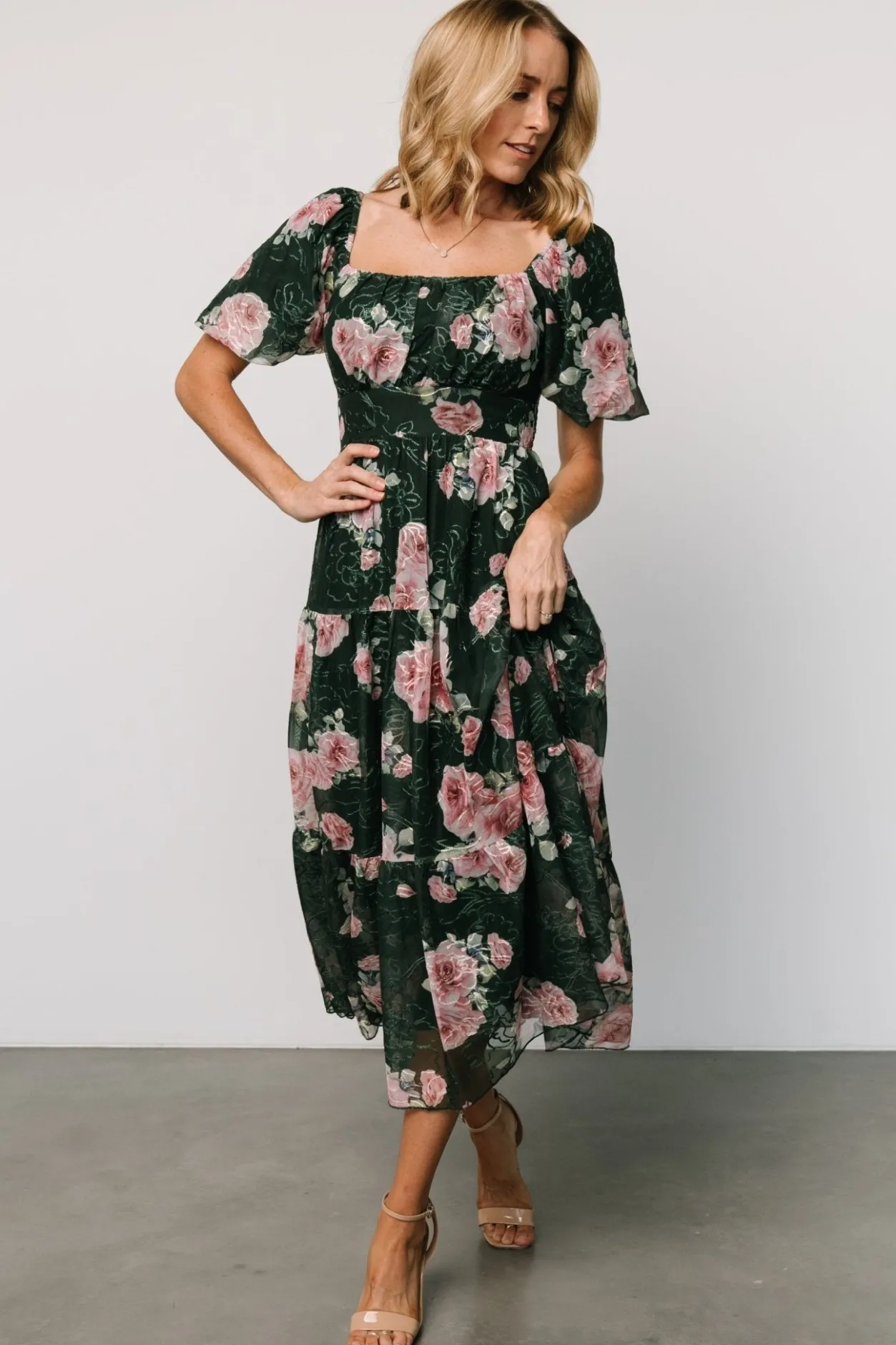 Clearance Baltic Born Annabeth Midi Dress | Dark Green + Pink DarkGreen+Pink