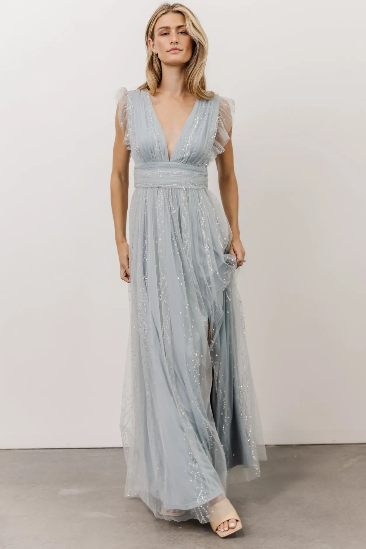 New Baltic Born Annika Sequin Mesh Maxi Dress | Dusty Blue DustyBlue