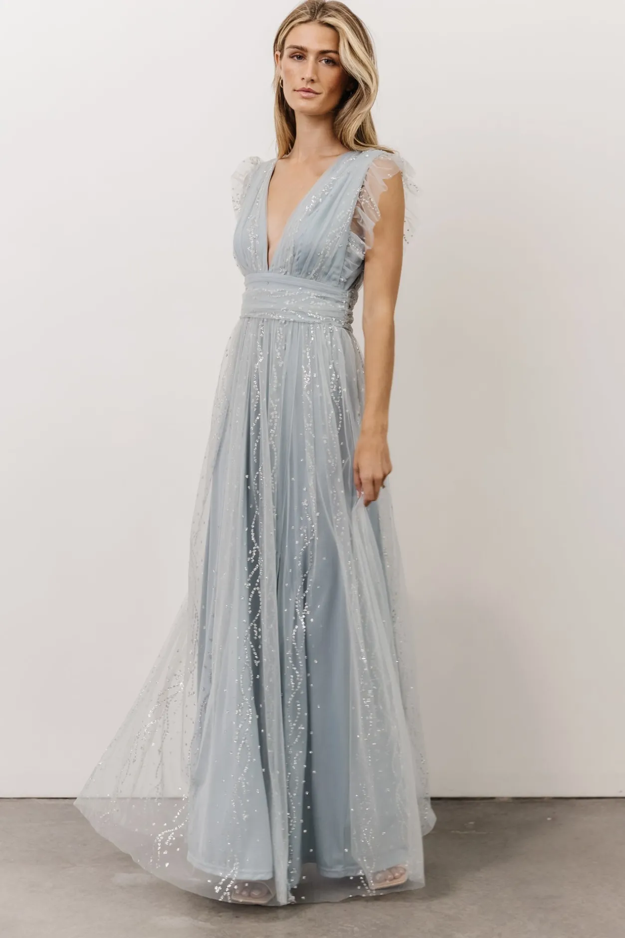 New Baltic Born Annika Sequin Mesh Maxi Dress | Dusty Blue DustyBlue