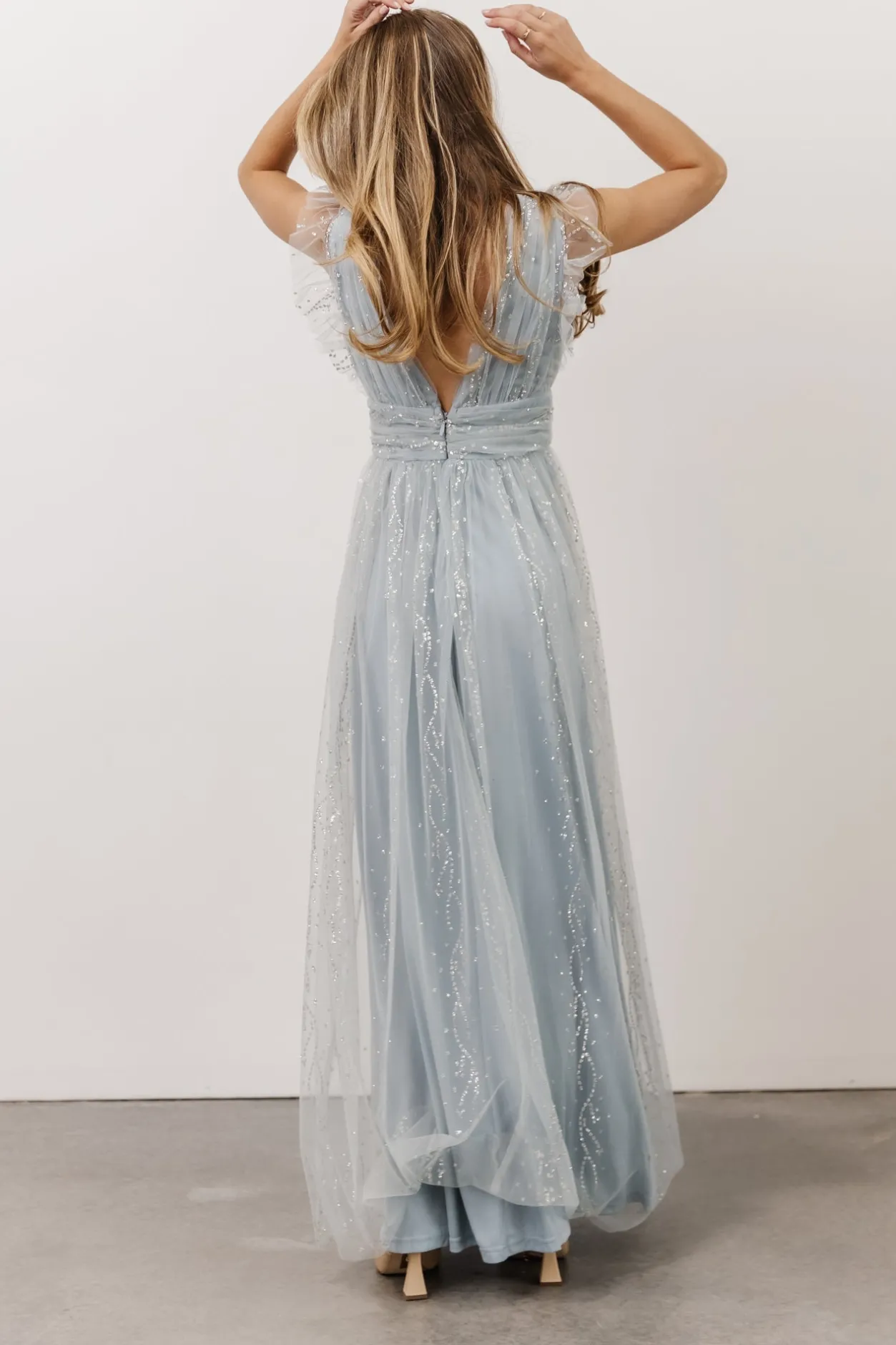 New Baltic Born Annika Sequin Mesh Maxi Dress | Dusty Blue DustyBlue