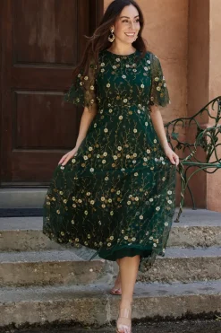 Fashion Baltic Born Arabella Embroidered Tulle Maxi Dress | Dark Green Floral DarkGreenFloral