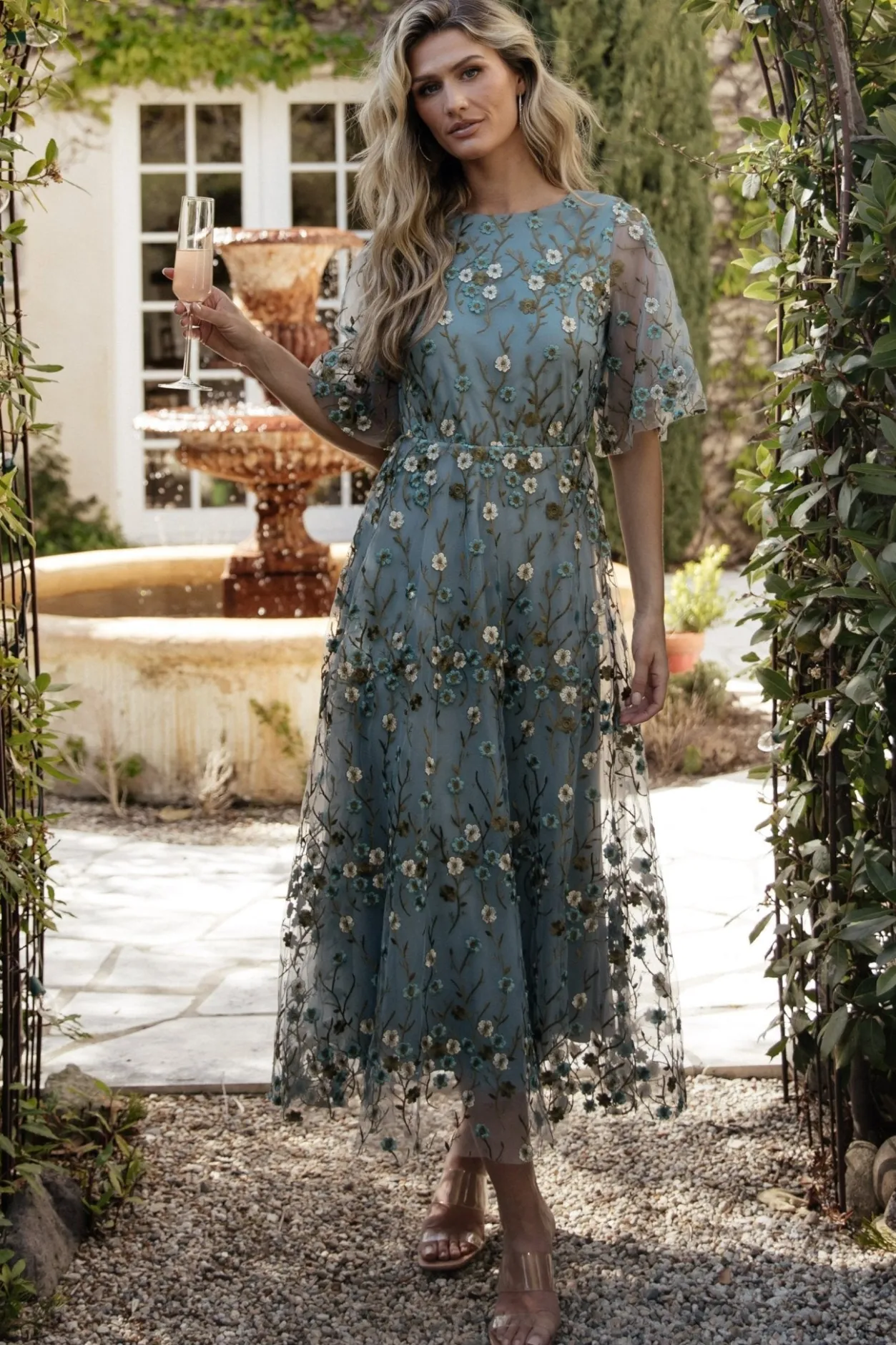 New Baltic Born Arabella Embroidered Tulle Maxi Dress | Dusty Blue Floral DustyBlueFloral