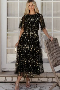 Online Baltic Born Arabella Embroidered Tulle Maxi Dress | Gold + Black Gold+Black