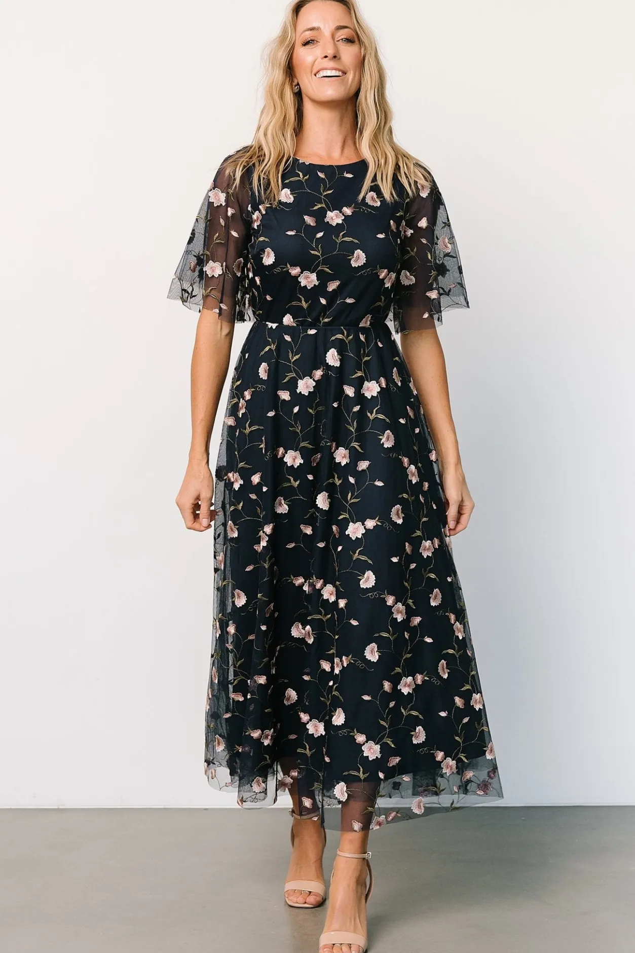 New Baltic Born Arabella Embroidered Tulle Maxi Dress | Pink + Navy Pink+Navy