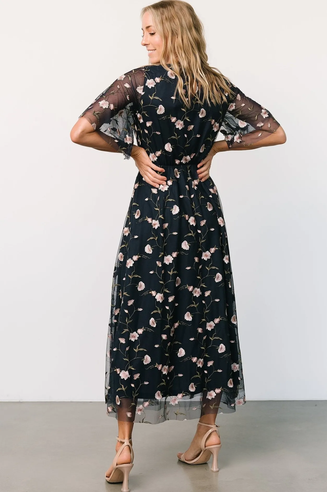 New Baltic Born Arabella Embroidered Tulle Maxi Dress | Pink + Navy Pink+Navy