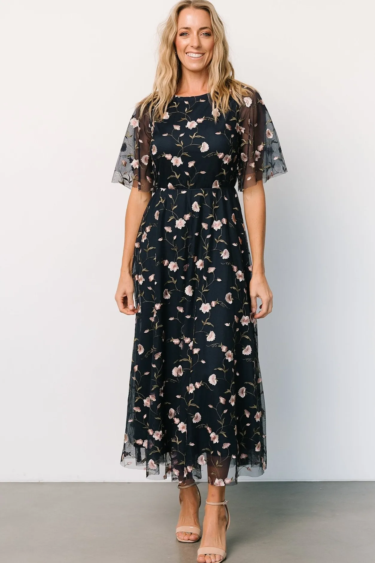 New Baltic Born Arabella Embroidered Tulle Maxi Dress | Pink + Navy Pink+Navy