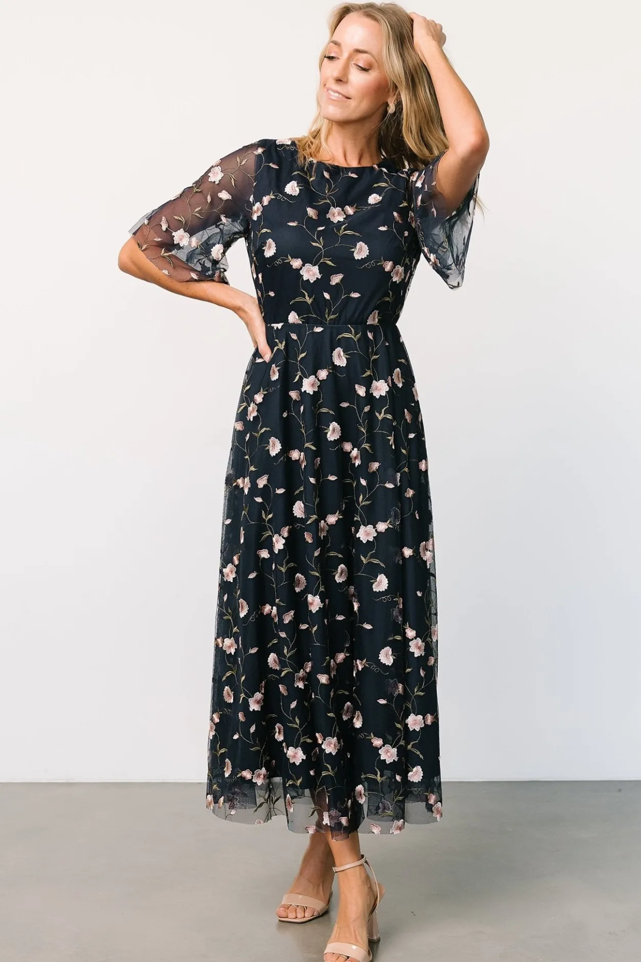 New Baltic Born Arabella Embroidered Tulle Maxi Dress | Pink + Navy Pink+Navy