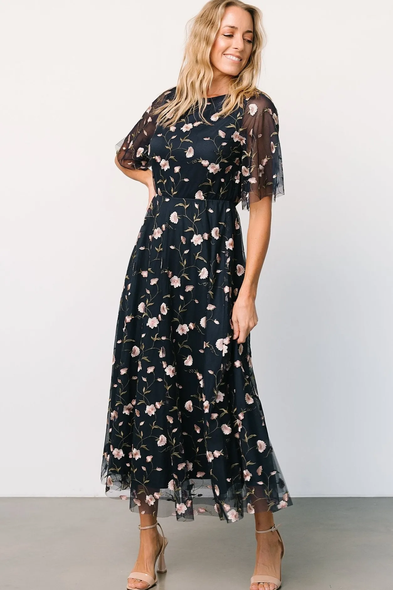 New Baltic Born Arabella Embroidered Tulle Maxi Dress | Pink + Navy Pink+Navy