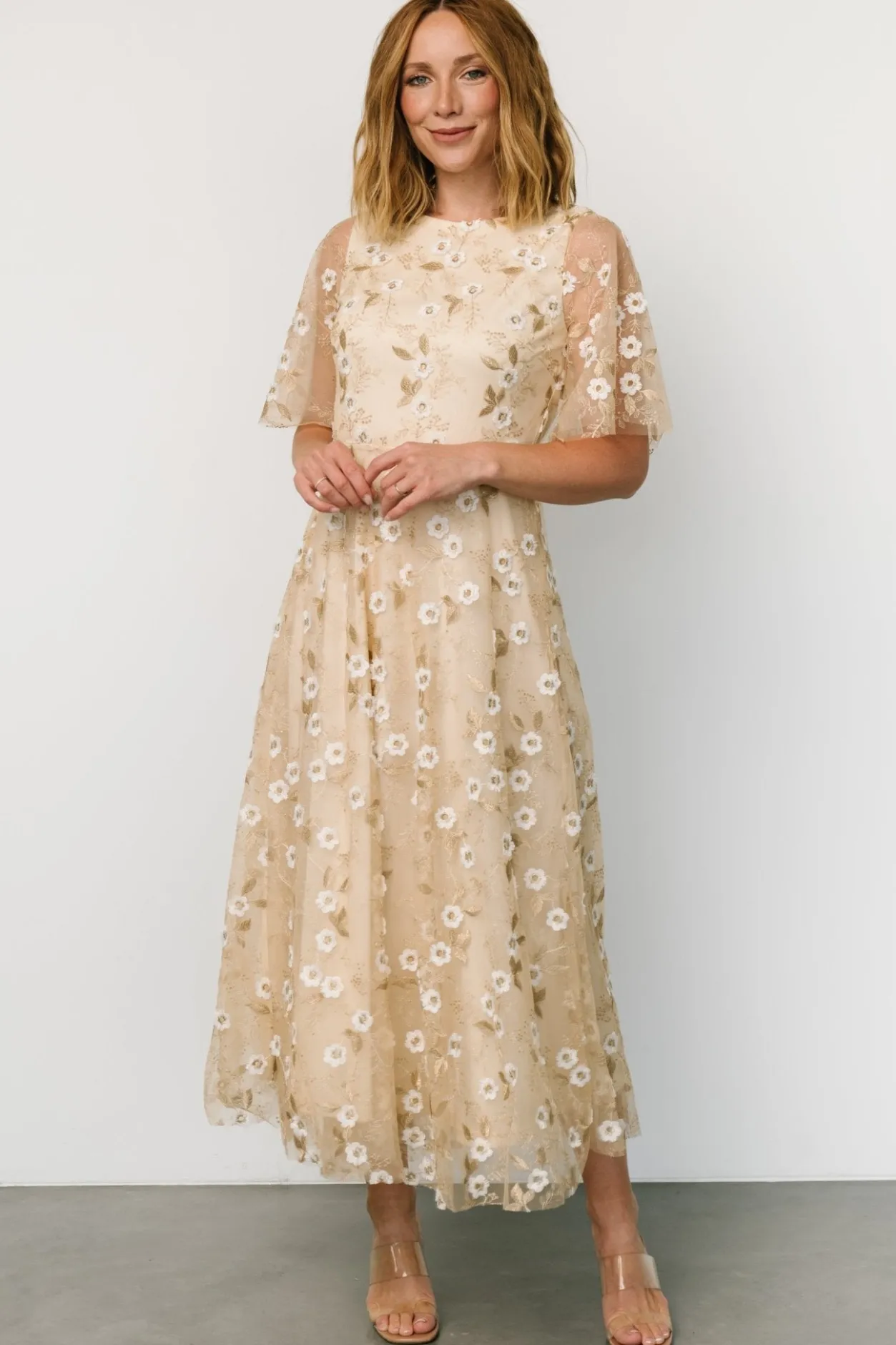 Hot Baltic Born Arabella Embroidered Tulle Maxi Dress | Gold + White Gold+White