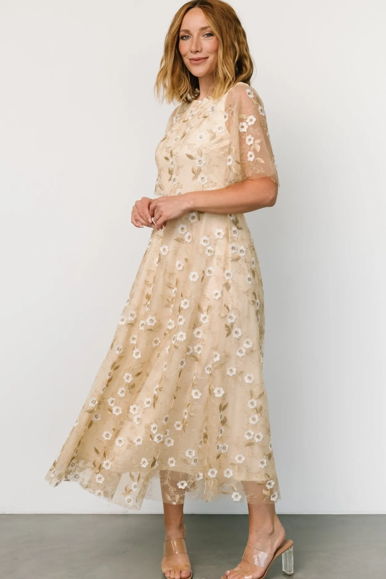 Hot Baltic Born Arabella Embroidered Tulle Maxi Dress | Gold + White Gold+White