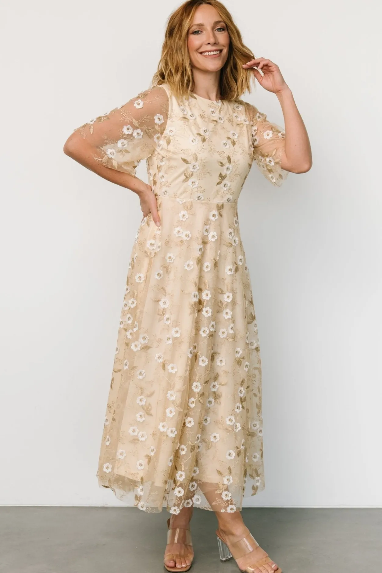 Hot Baltic Born Arabella Embroidered Tulle Maxi Dress | Gold + White Gold+White