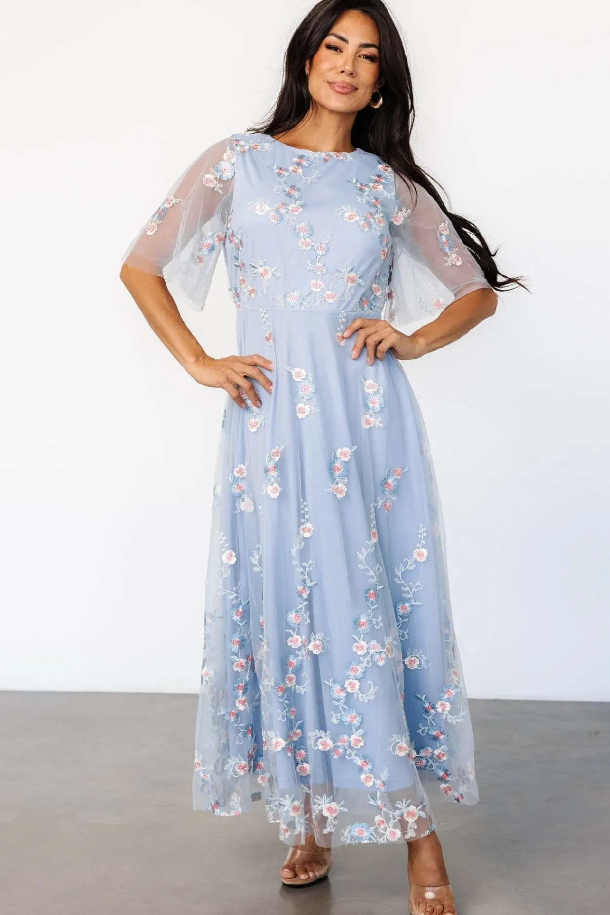 Discount Baltic Born Arabella Embroidered Tulle Maxi Dress | Light Blue + Blush LightBlue+Blush
