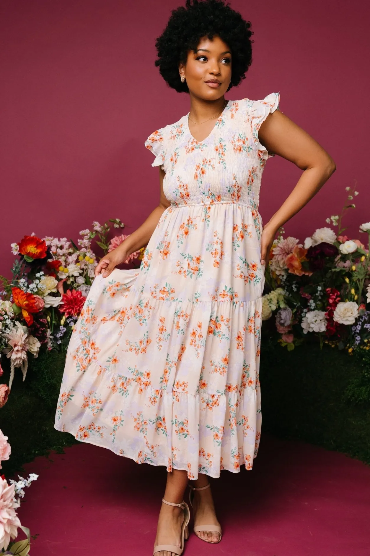 Clearance Baltic Born Arla Smocked Maxi Dress | Cream Floral CreamFloral