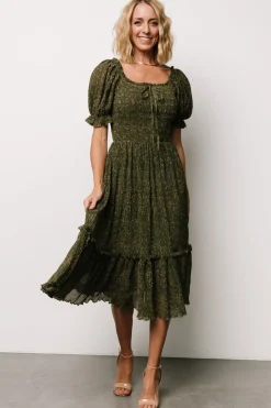 Hot Baltic Born Beatrice Smocked Midi Dress | Olive Floral OliveFloral