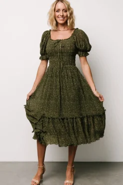 Hot Baltic Born Beatrice Smocked Midi Dress | Olive Floral OliveFloral