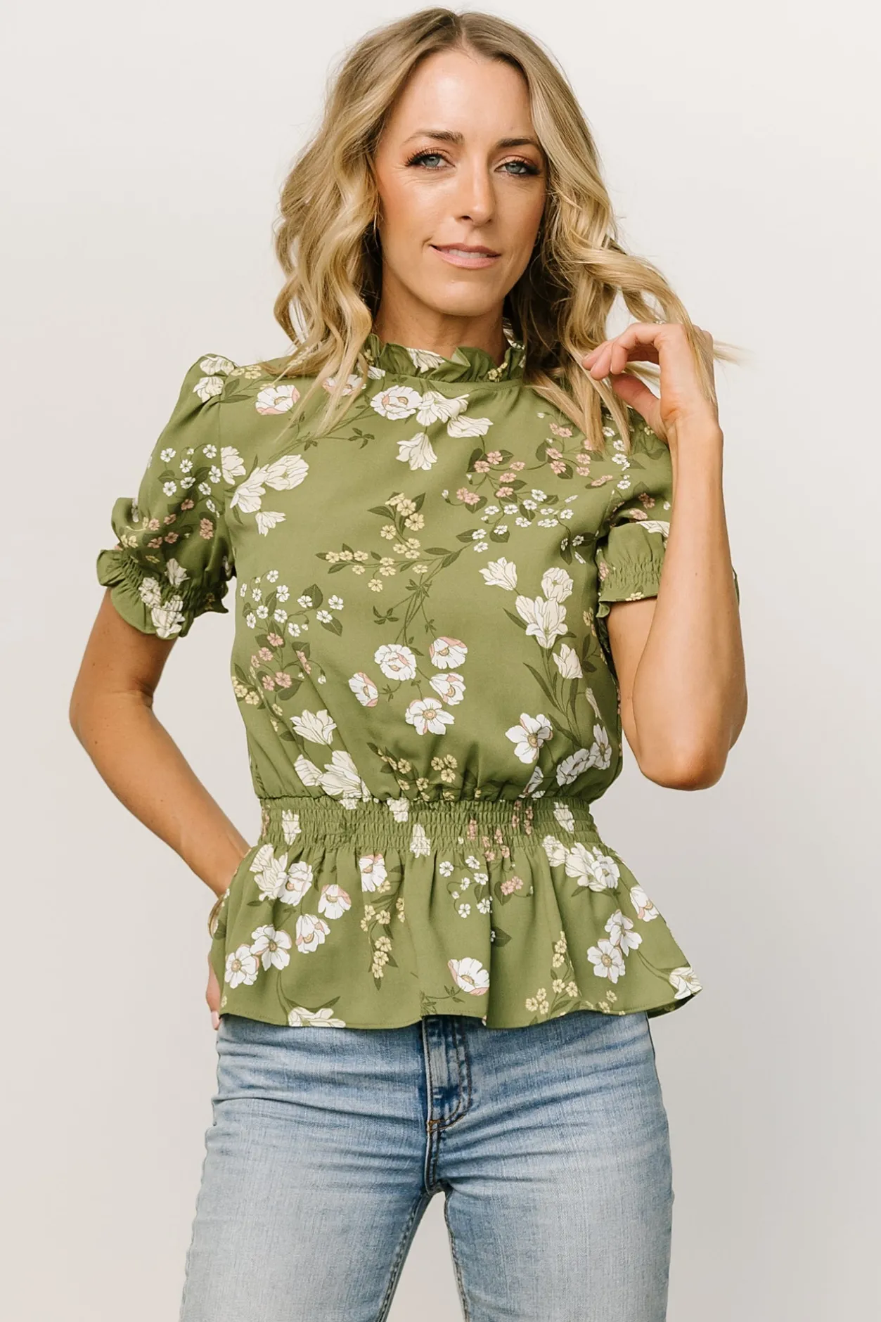 New Baltic Born Beth Peplum Top | Olive Floral OliveFloral
