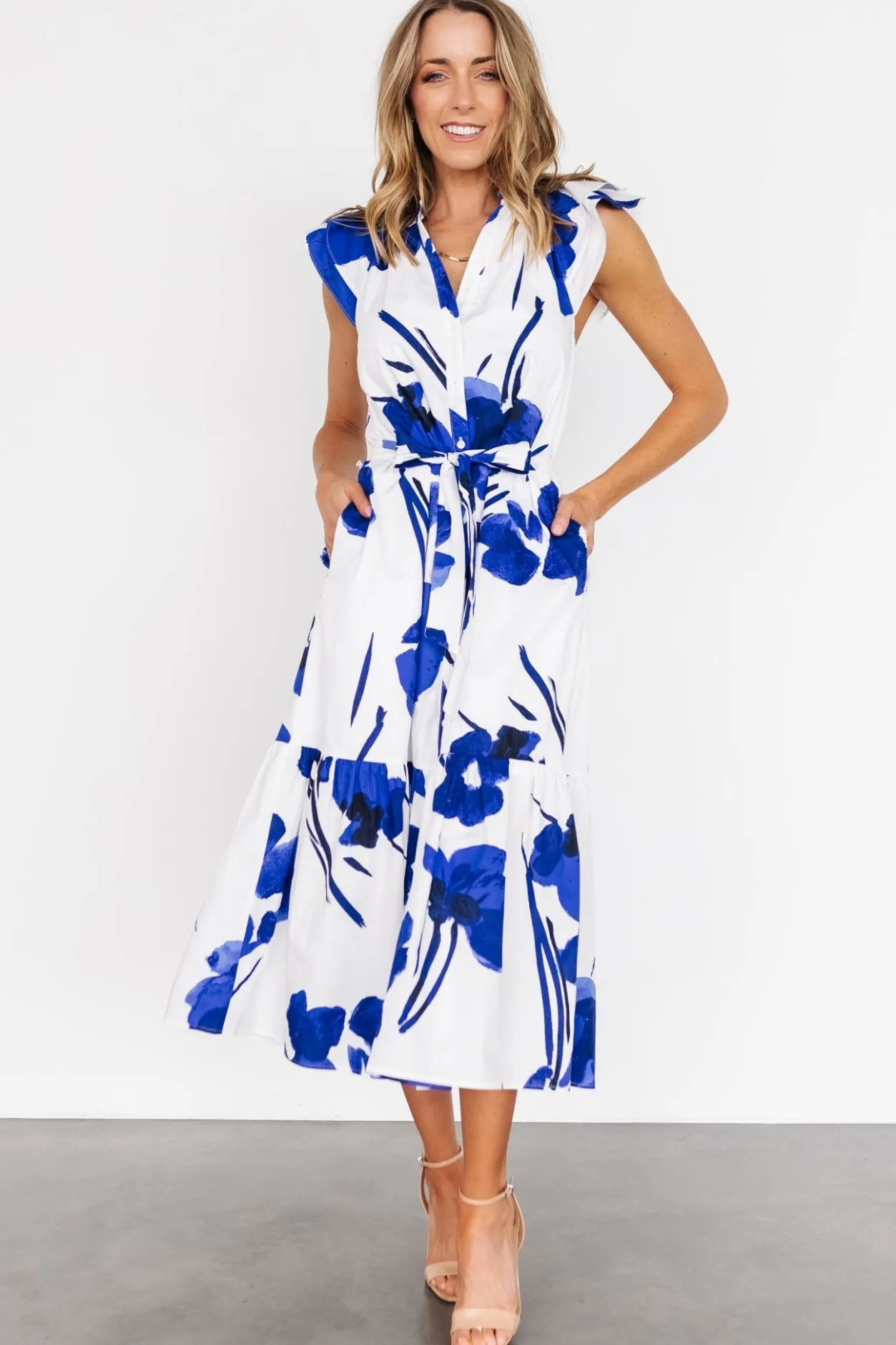 New Baltic Born Blakely Button Dress | White + Cobalt White+Cobalt