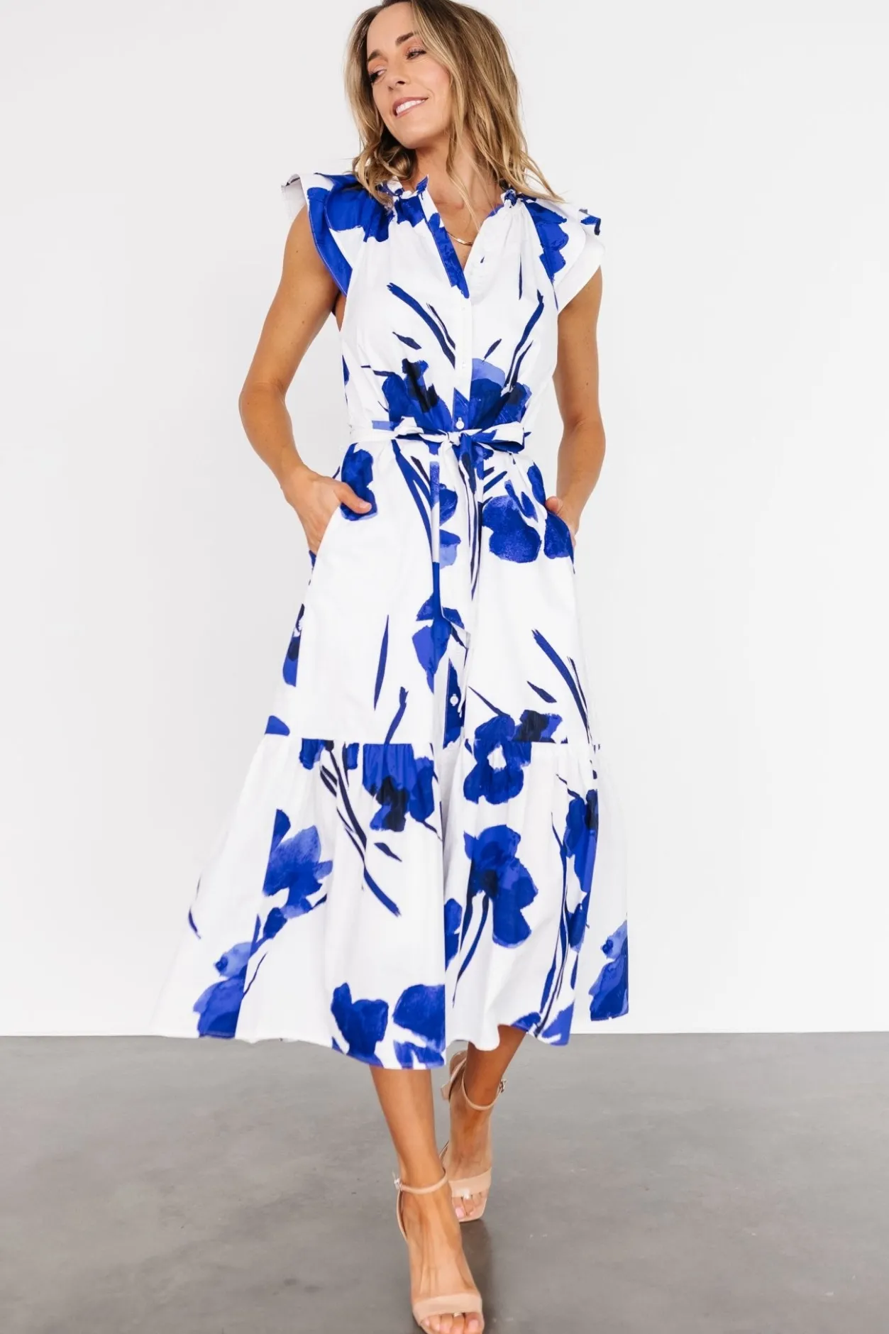 New Baltic Born Blakely Button Dress | White + Cobalt White+Cobalt