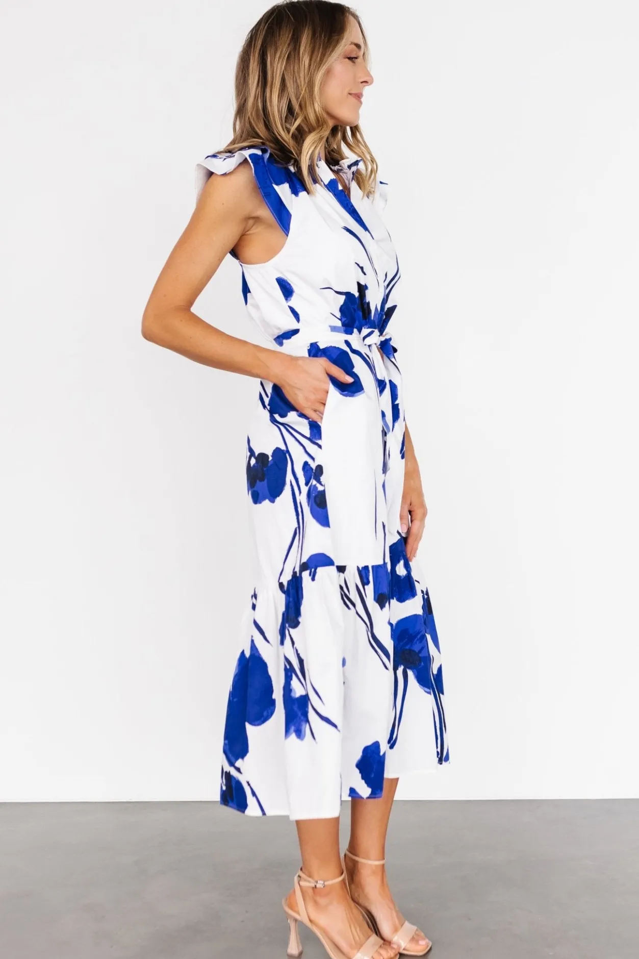 New Baltic Born Blakely Button Dress | White + Cobalt White+Cobalt