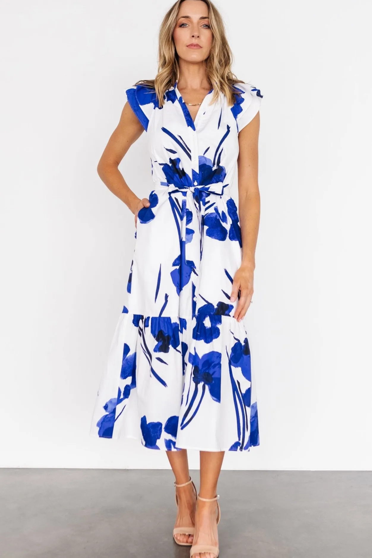 New Baltic Born Blakely Button Dress | White + Cobalt White+Cobalt
