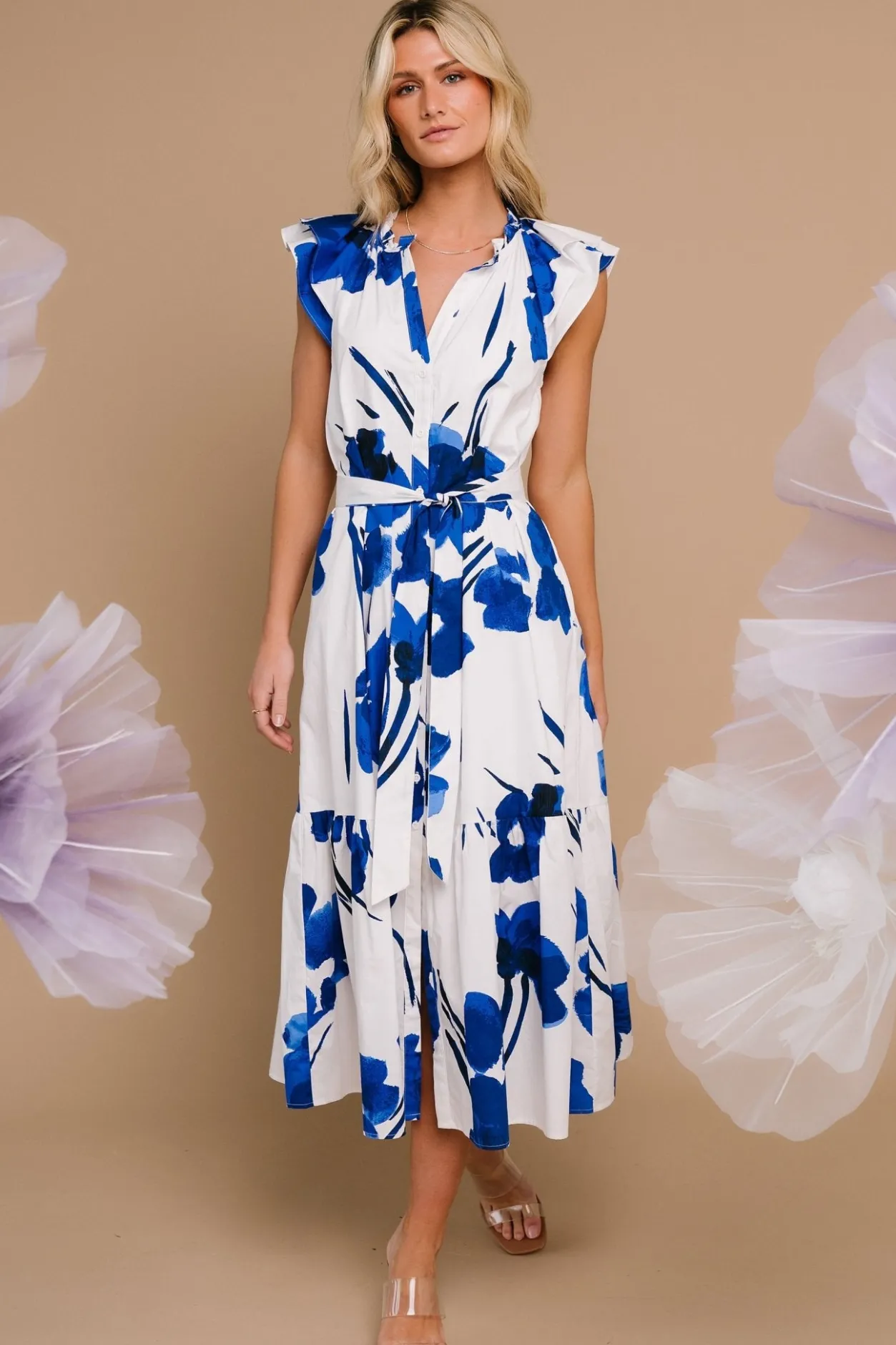 New Baltic Born Blakely Button Dress | White + Cobalt White+Cobalt